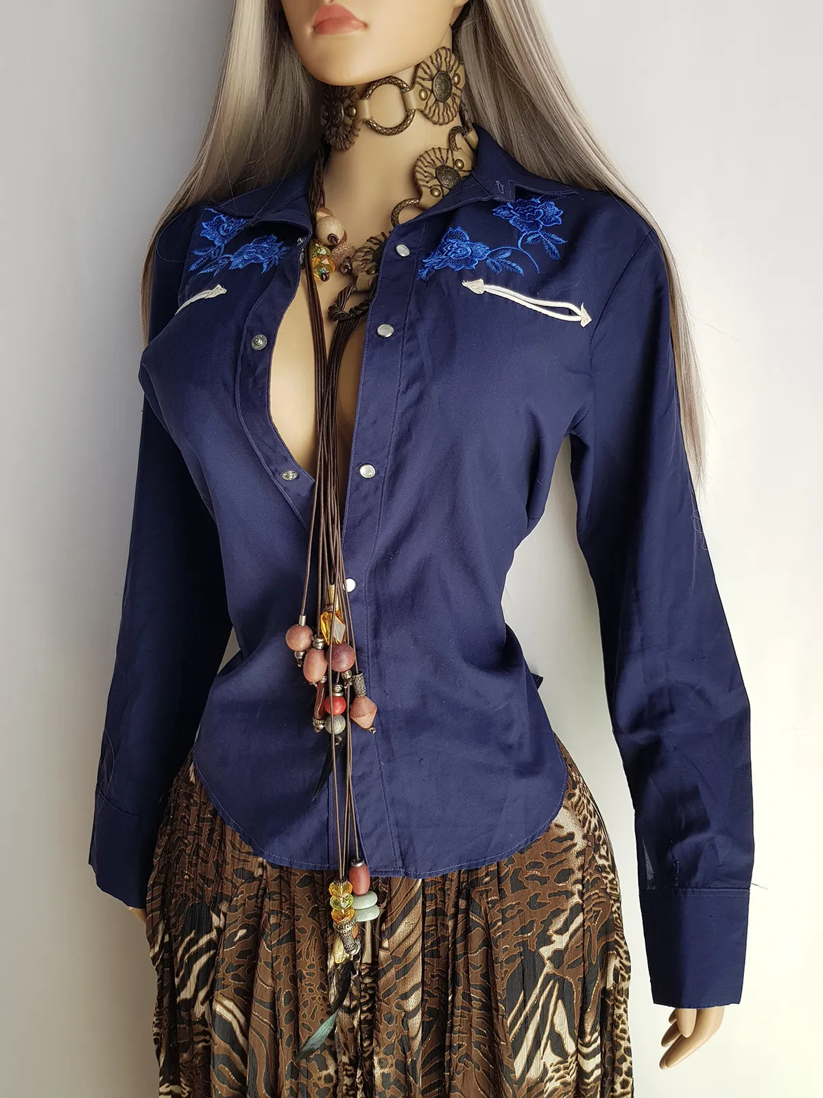 Embroidered Vintage Cowgirl Shirt - Deep Blue - Embroidered Chest - Fitted Hourglass - Stunning Vibrant Blue Embroidery & White Piping - Pop Button Front