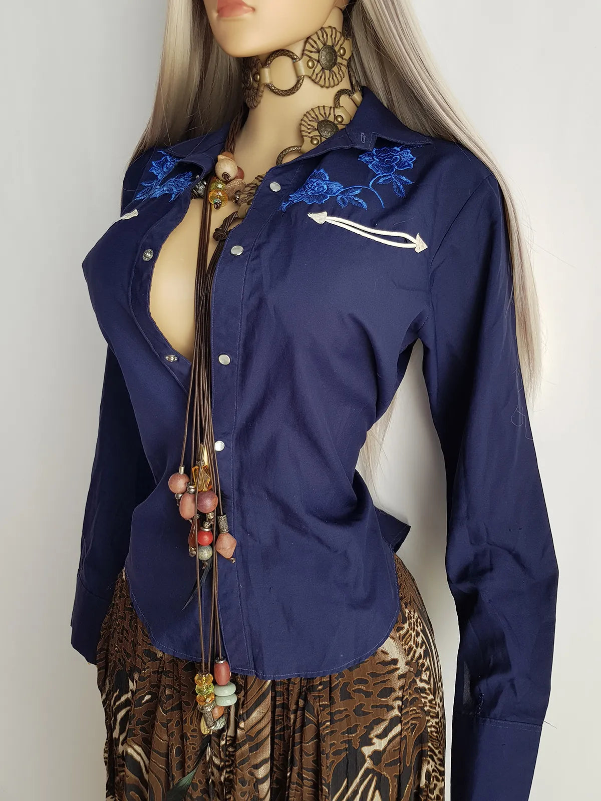 Embroidered Vintage Cowgirl Shirt - Deep Blue - Embroidered Chest - Fitted Hourglass - Stunning Vibrant Blue Embroidery & White Piping - Pop Button Front