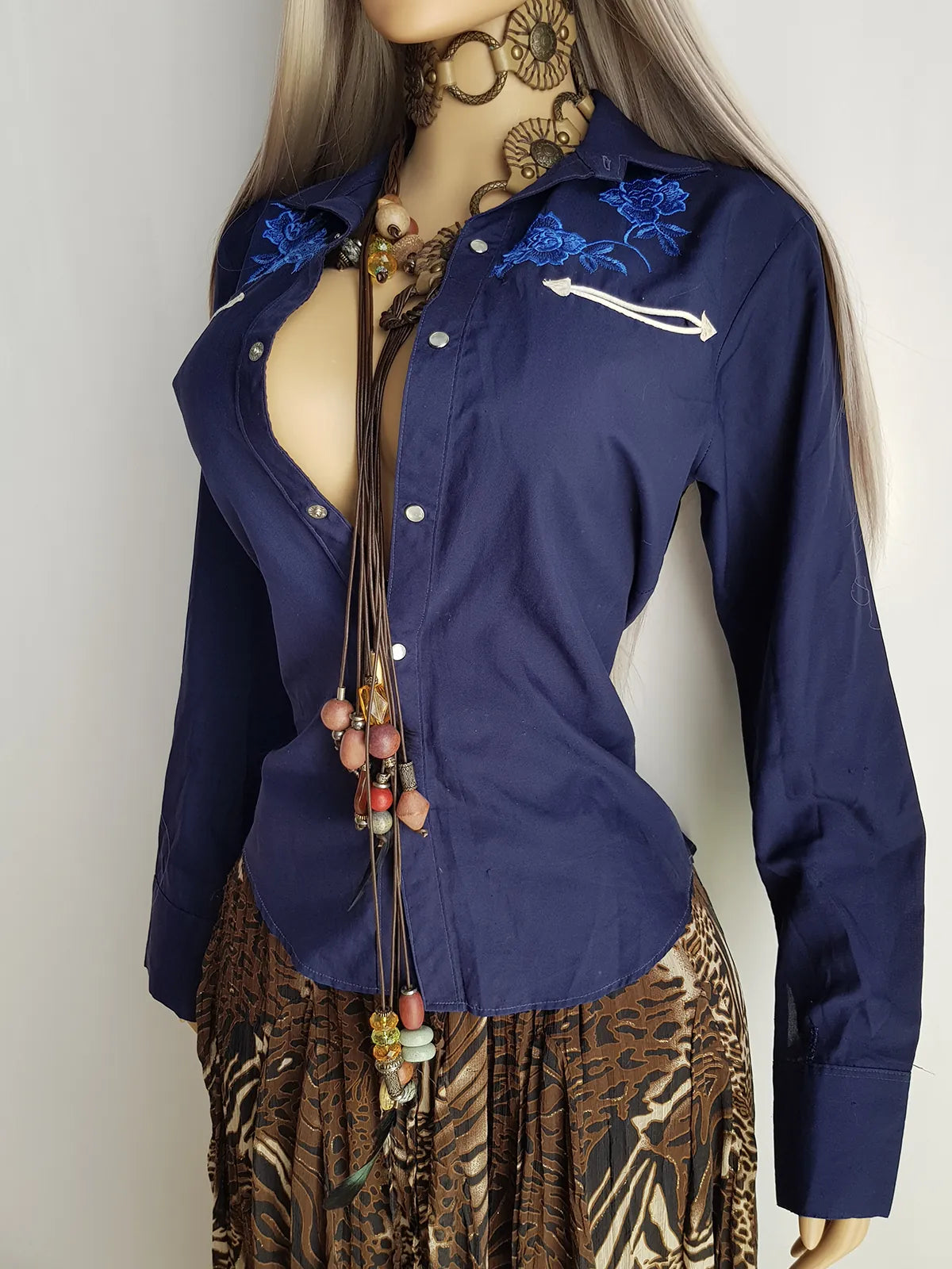 Embroidered Vintage Cowgirl Shirt - Deep Blue - Embroidered Chest - Fitted Hourglass - Stunning Vibrant Blue Embroidery & White Piping - Pop Button Front