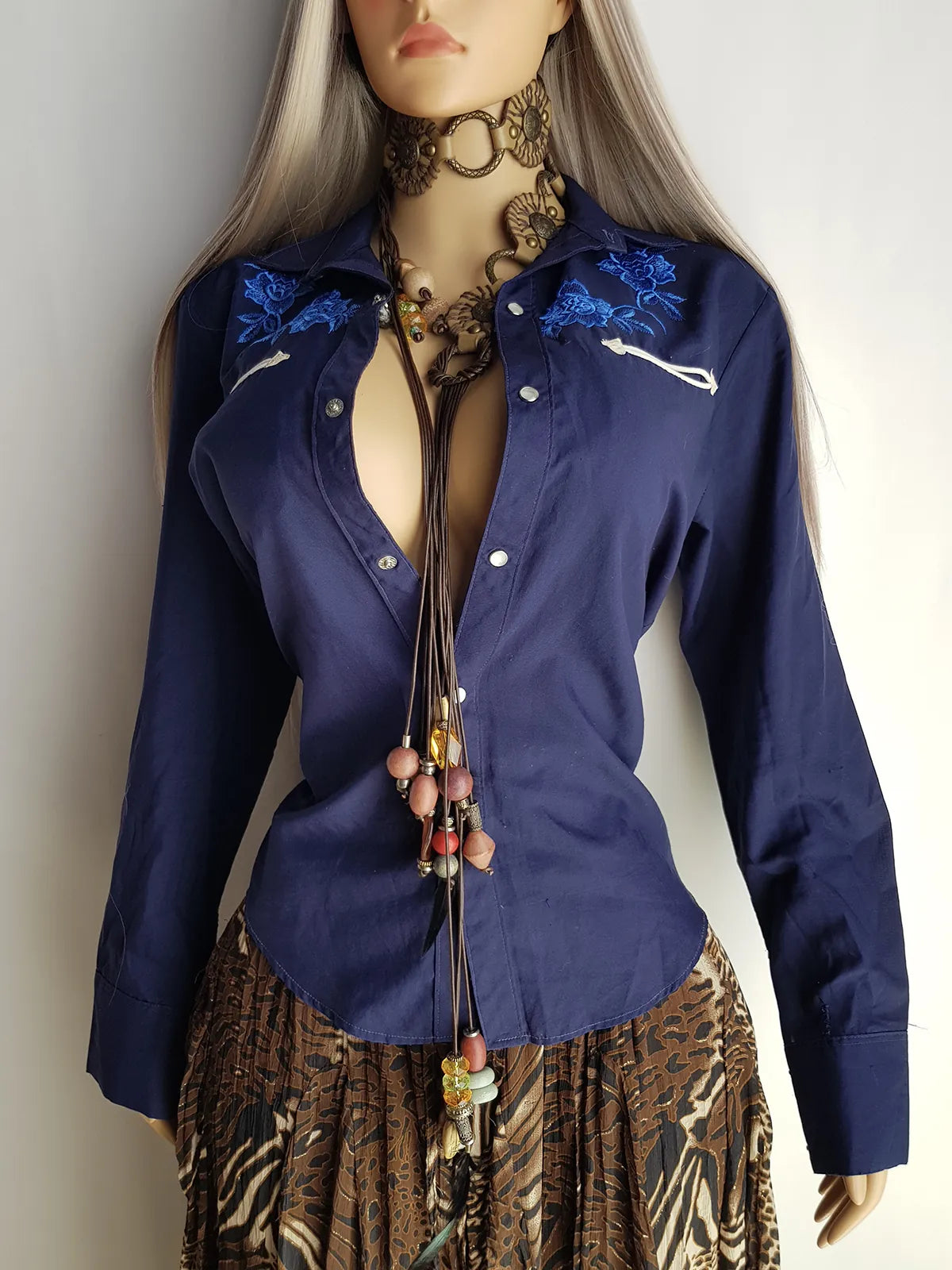Embroidered Vintage Cowgirl Shirt - Deep Blue - Embroidered Chest - Fitted Hourglass - Stunning Vibrant Blue Embroidery & White Piping - Pop Button Front