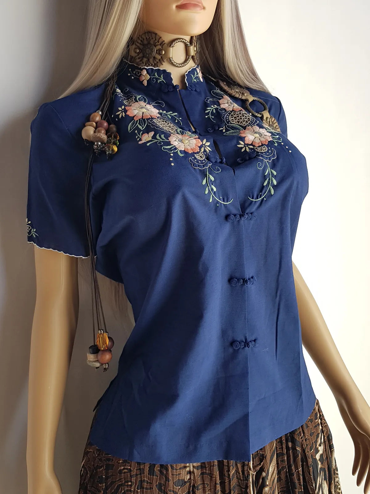 Heavily Embroidered Vintage Cowgirl Shirt With Oriental Vibes - Vibrant Blue - Embroidered Chest & Sleeves - Fitted Hourglass - Stunning Embroidery & Piping - Cheongsam Button Front