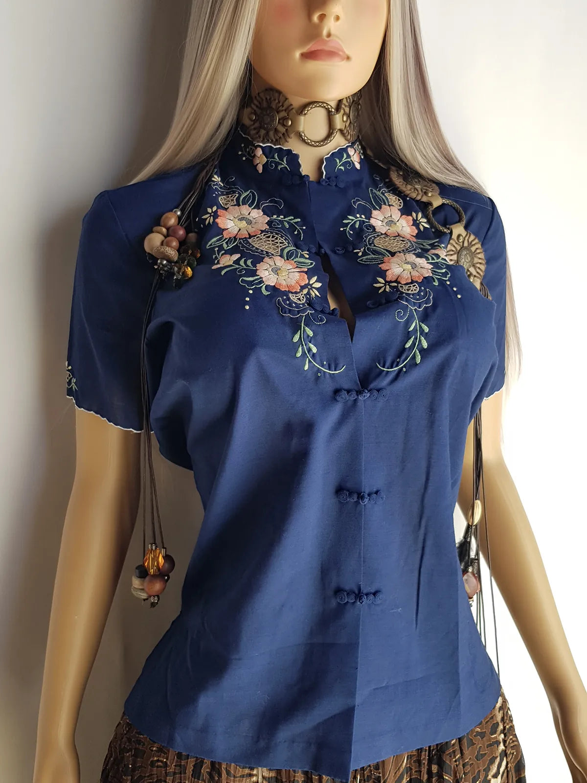 Heavily Embroidered Vintage Cowgirl Shirt With Oriental Vibes - Vibrant Blue - Embroidered Chest & Sleeves - Fitted Hourglass - Stunning Embroidery & Piping - Cheongsam Button Front
