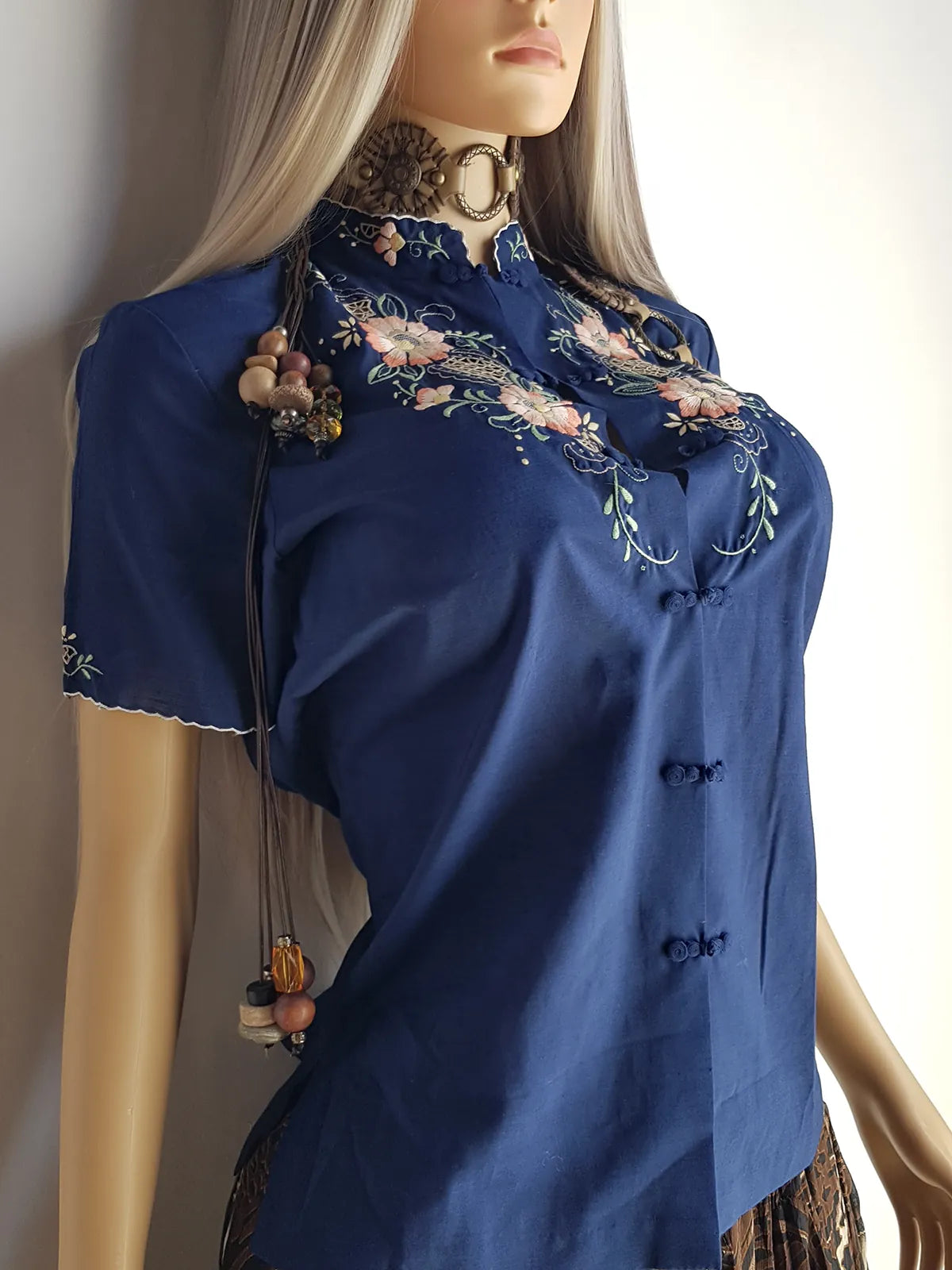 Heavily Embroidered Vintage Cowgirl Shirt With Oriental Vibes - Vibrant Blue - Embroidered Chest & Sleeves - Fitted Hourglass - Stunning Embroidery & Piping - Cheongsam Button Front