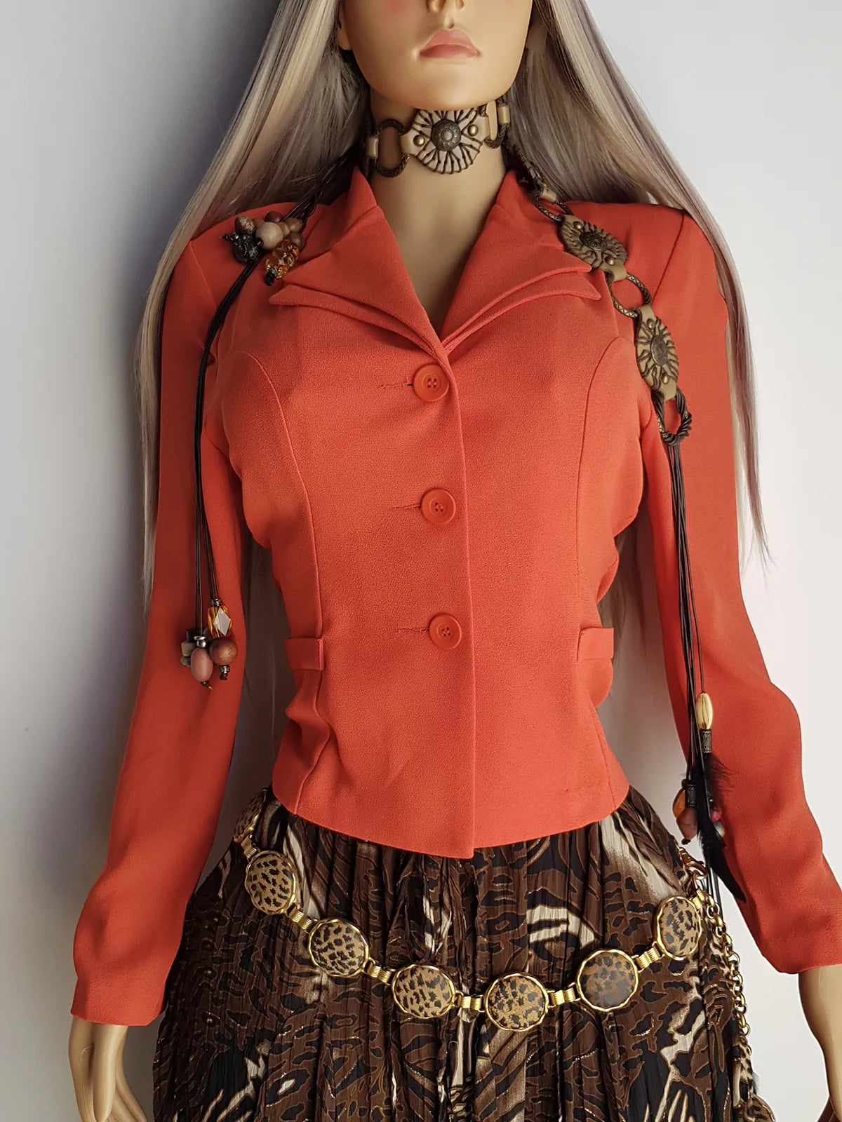 90s Mugler Style Perfectly Tailored Nipped Waist Tangerine Suit Jacket in light crepe fabric - Perfect Workwear Piece for an Office Siren