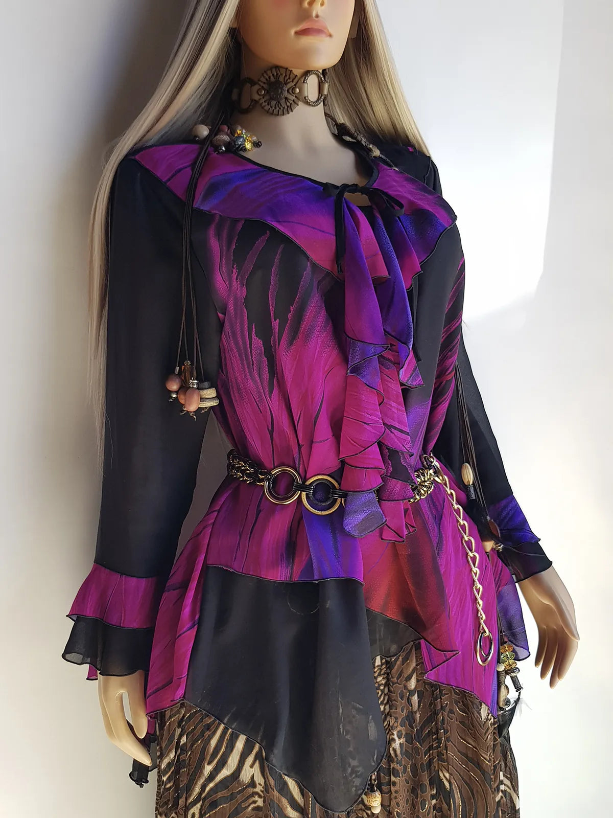 Spectacular Rock Star Girlfriend Asymmetrical Flouncy Top / Mini Dress - Rich Pinks & Purple Tones - Ruffles Everywhere- Multiple Layers