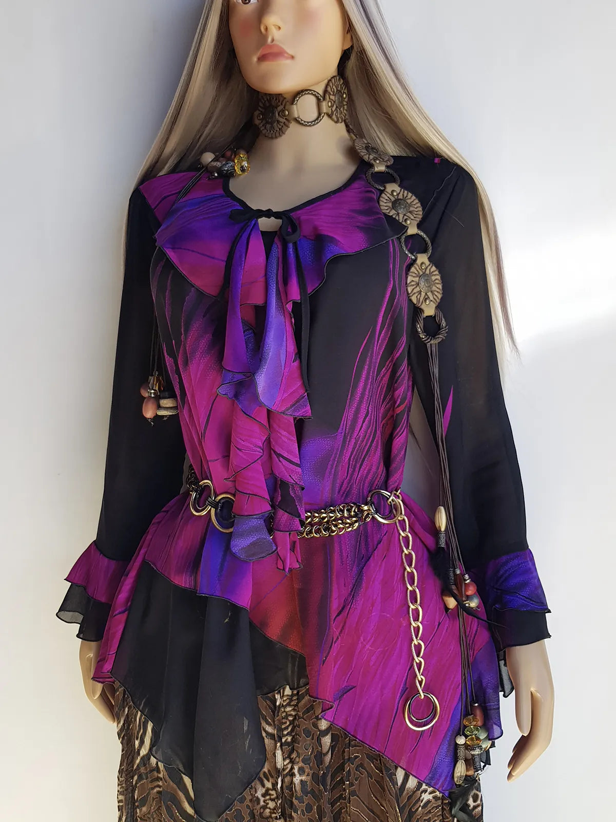 Spectacular Rock Star Girlfriend Asymmetrical Flouncy Top / Mini Dress - Rich Pinks & Purple Tones - Ruffles Everywhere- Multiple Layers