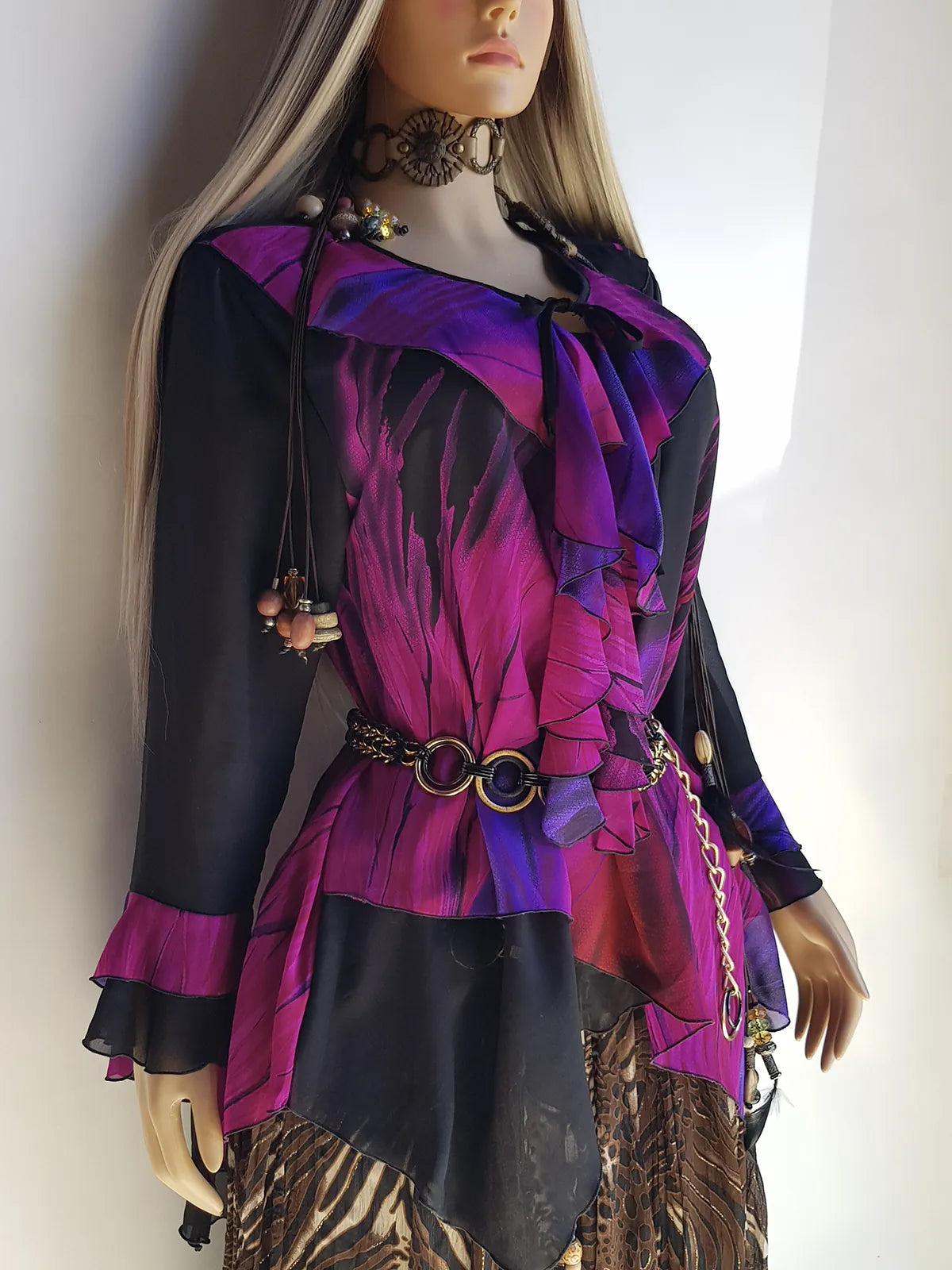 Spectacular Rock Star Girlfriend Asymmetrical Flouncy Top / Mini Dress - Rich Pinks & Purple Tones - Ruffles Everywhere- Multiple Layers