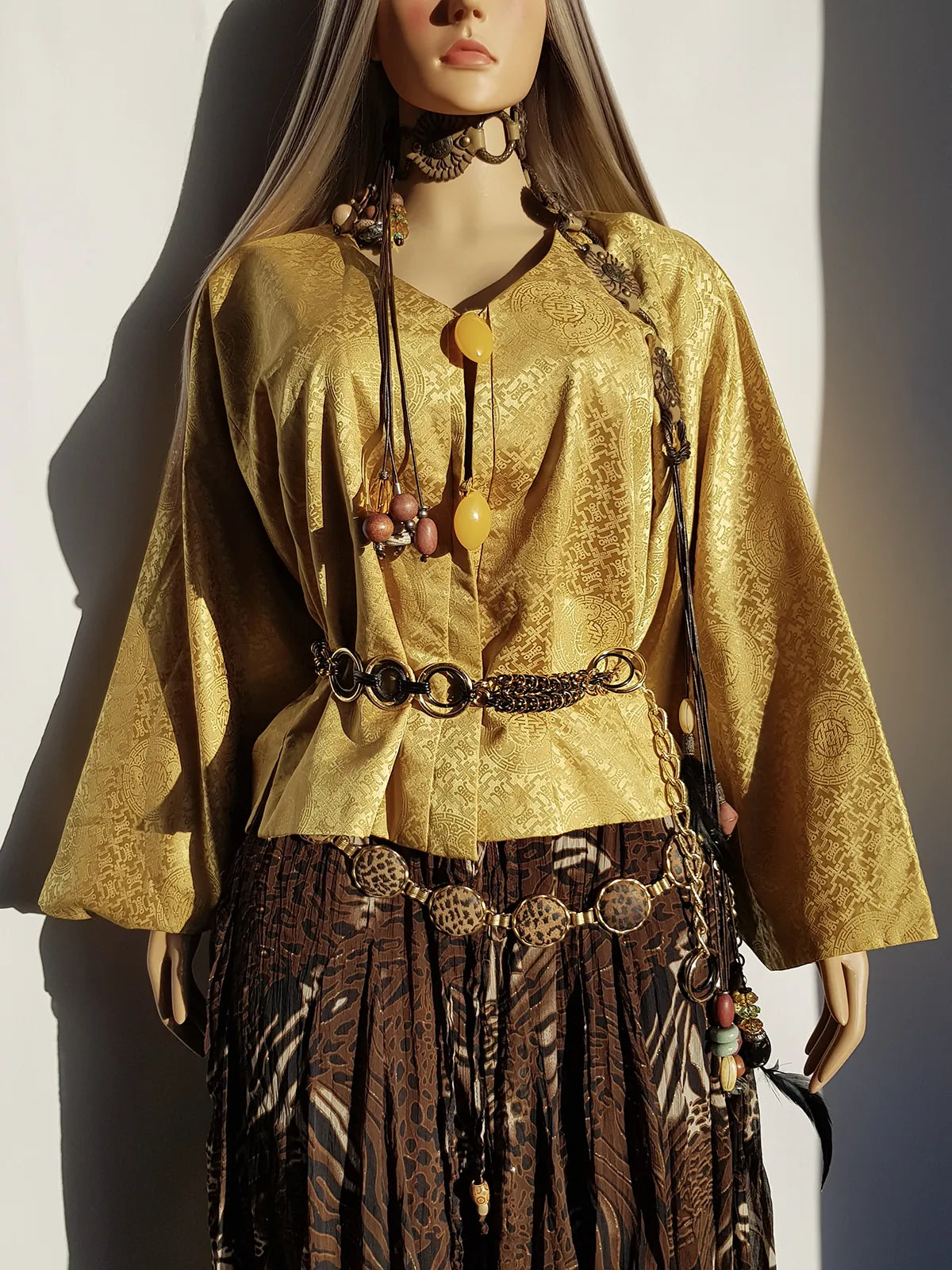 Vintage Golden Oriental Jacket with Large Feature Buttons - Stunning Print - Flared Sleeves