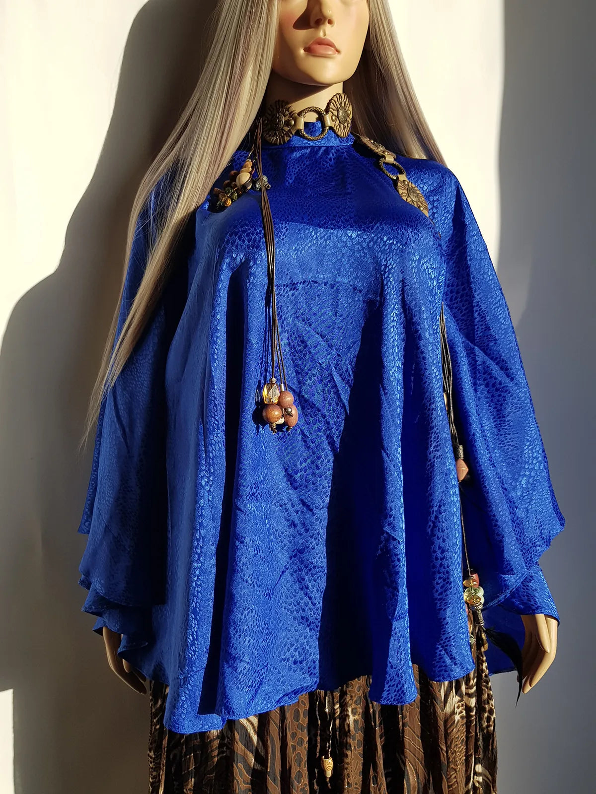 Rich Blue Vintage Satin Cape with Glamorous High Collar - Floaty & Flouncy - Perfect Drape