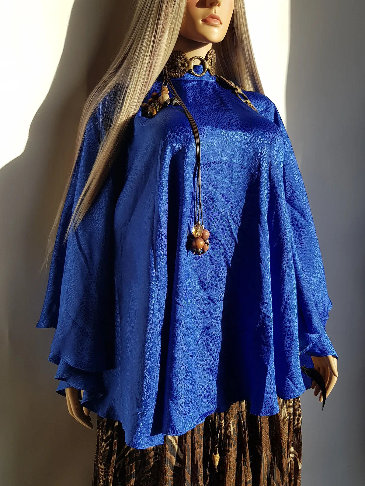Rich Blue Vintage Satin Cape with Glamorous High Collar - Floaty & Flouncy - Perfect Drape