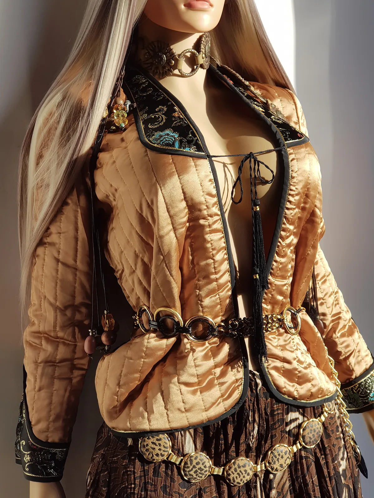 Dreamy Vintage Oriental Quilt Jacket with Ornate Brocade Shoulder Detailing- Tie Front with Tassels - Incredibly Versatile Piece