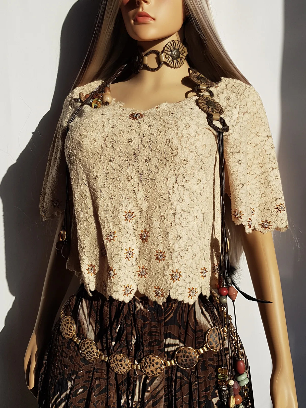 Incredible Delicate Vintage 1950s Custard Toned - Raw Edged - Scalloped Lace Hand Beaded top