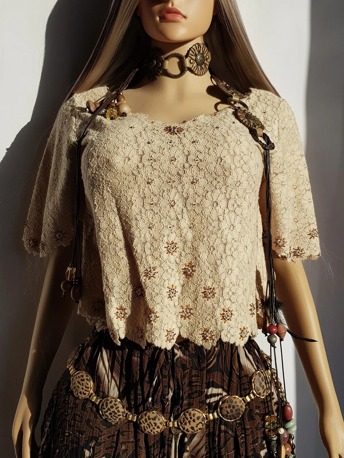 Incredible Delicate Vintage 1950s Custard Toned - Raw Edged - Scalloped Lace Hand Beaded top