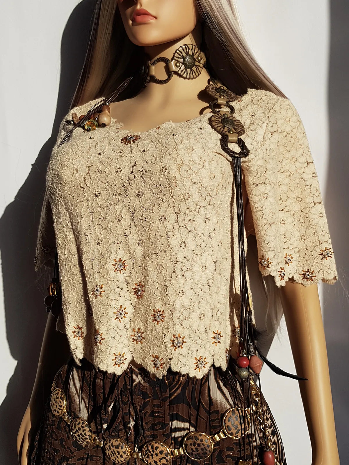 Incredible Delicate Vintage 1950s Custard Toned - Raw Edged - Scalloped Lace Hand Beaded top