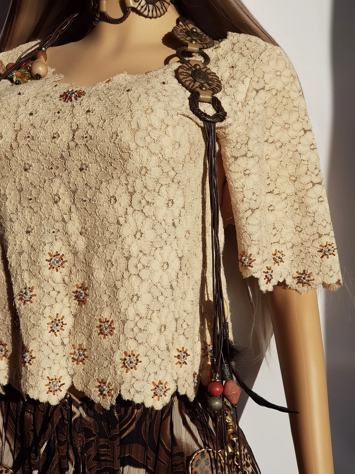 Incredible Delicate Vintage 1950s Custard Toned - Raw Edged - Scalloped Lace Hand Beaded top