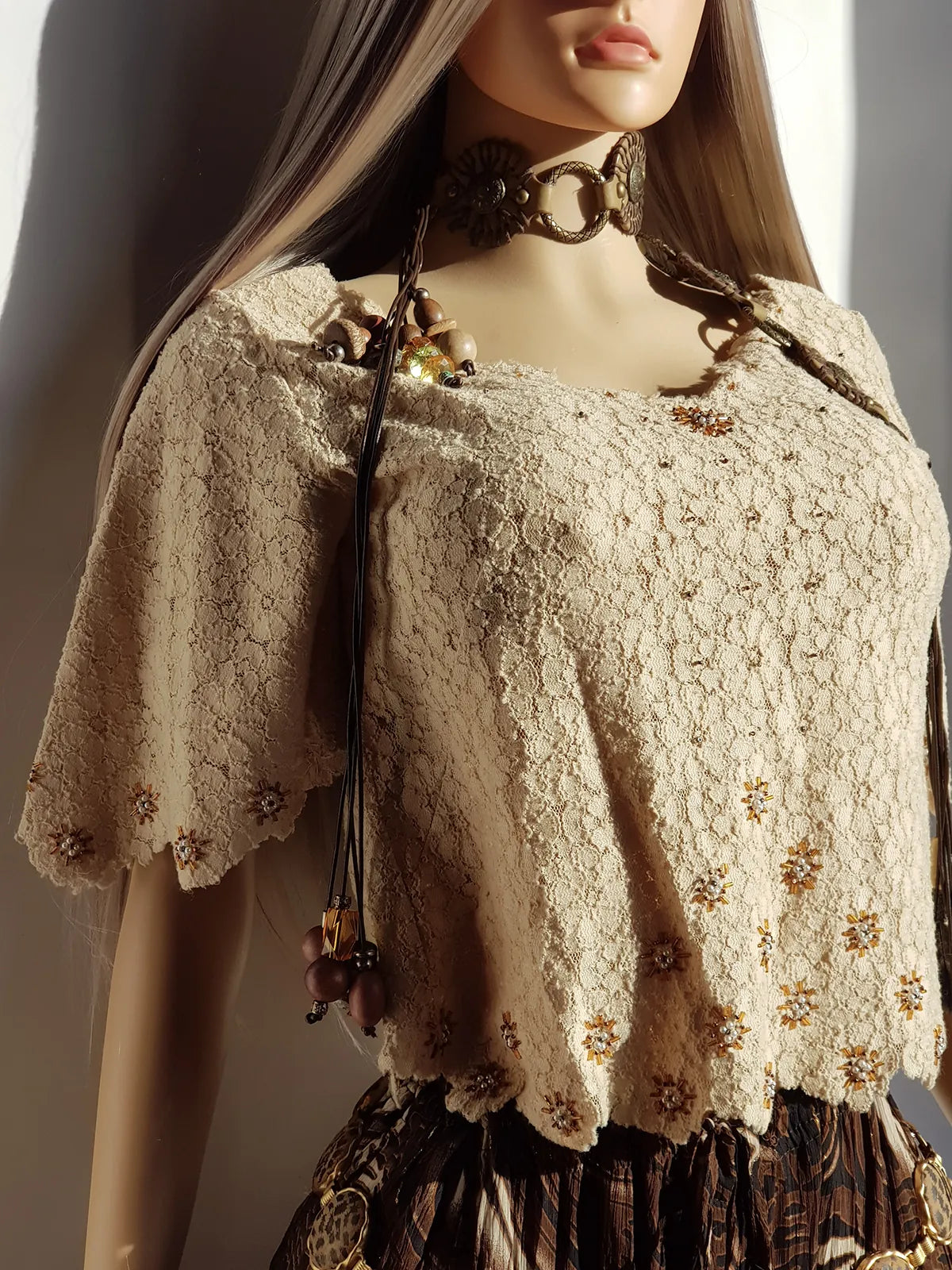 Incredible Delicate Vintage 1950s Custard Toned - Raw Edged - Scalloped Lace Hand Beaded top