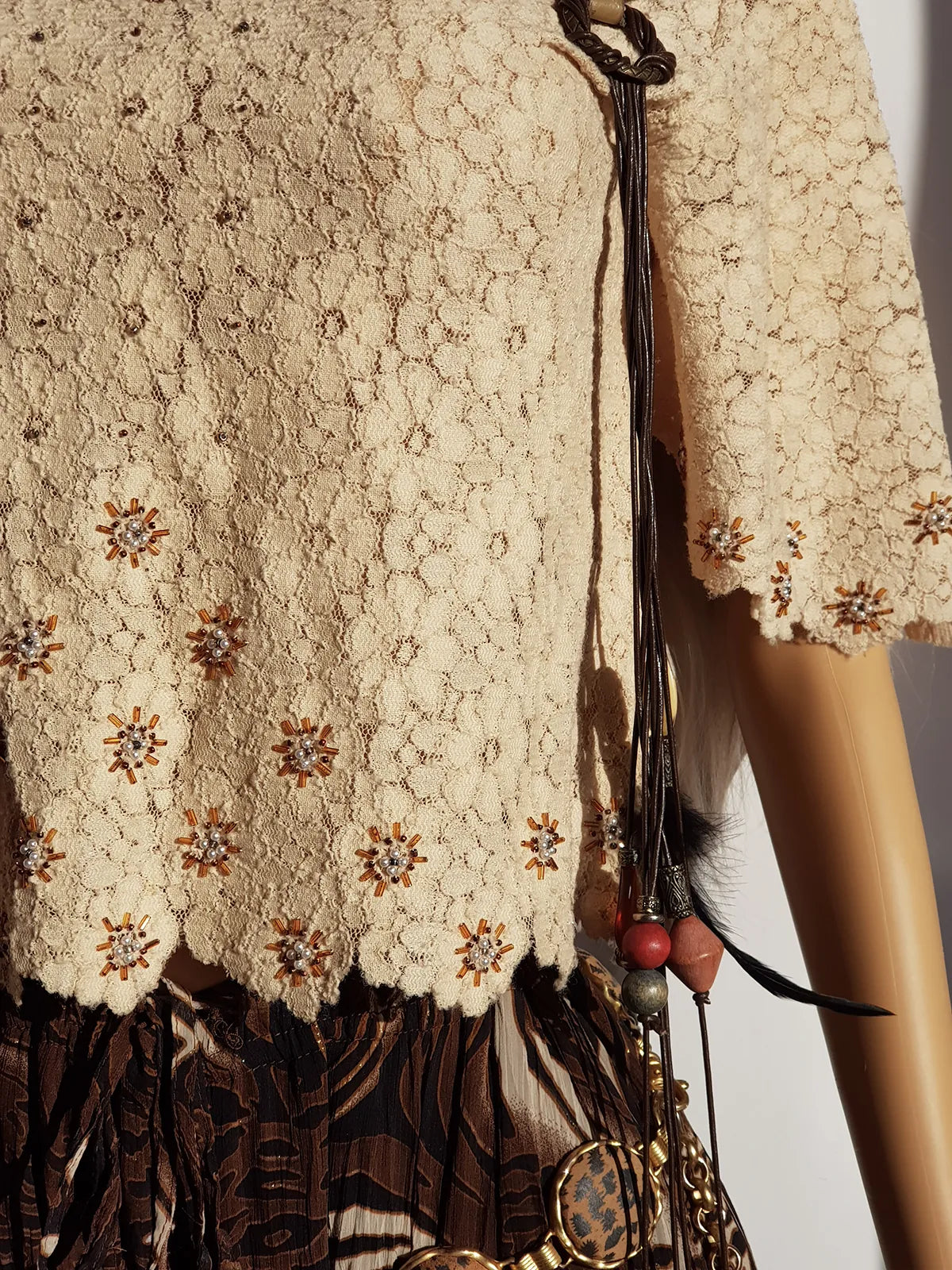 Incredible Delicate Vintage 1950s Custard Toned - Raw Edged - Scalloped Lace Hand Beaded top