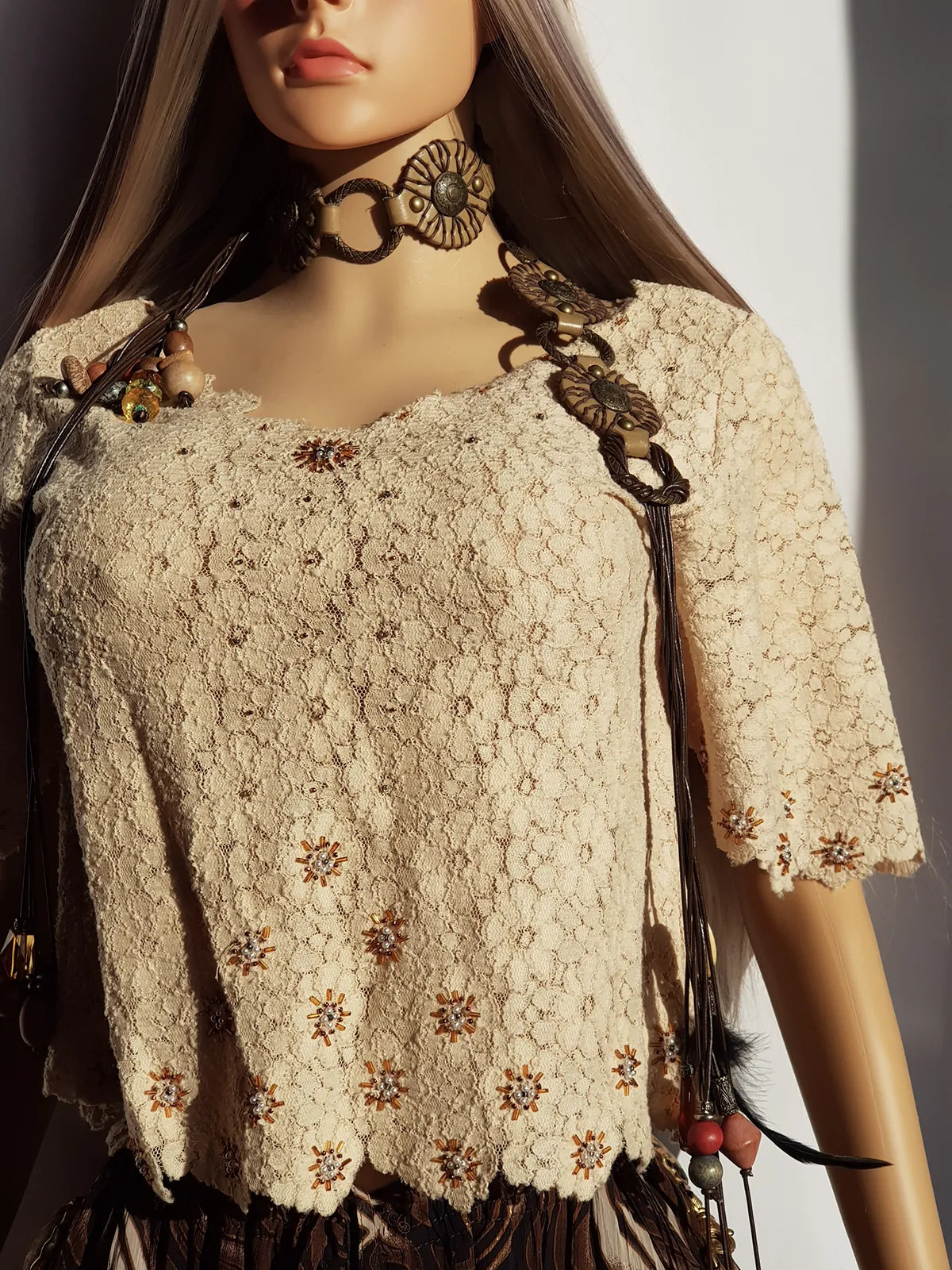 Incredible Delicate Vintage 1950s Custard Toned - Raw Edged - Scalloped Lace Hand Beaded top