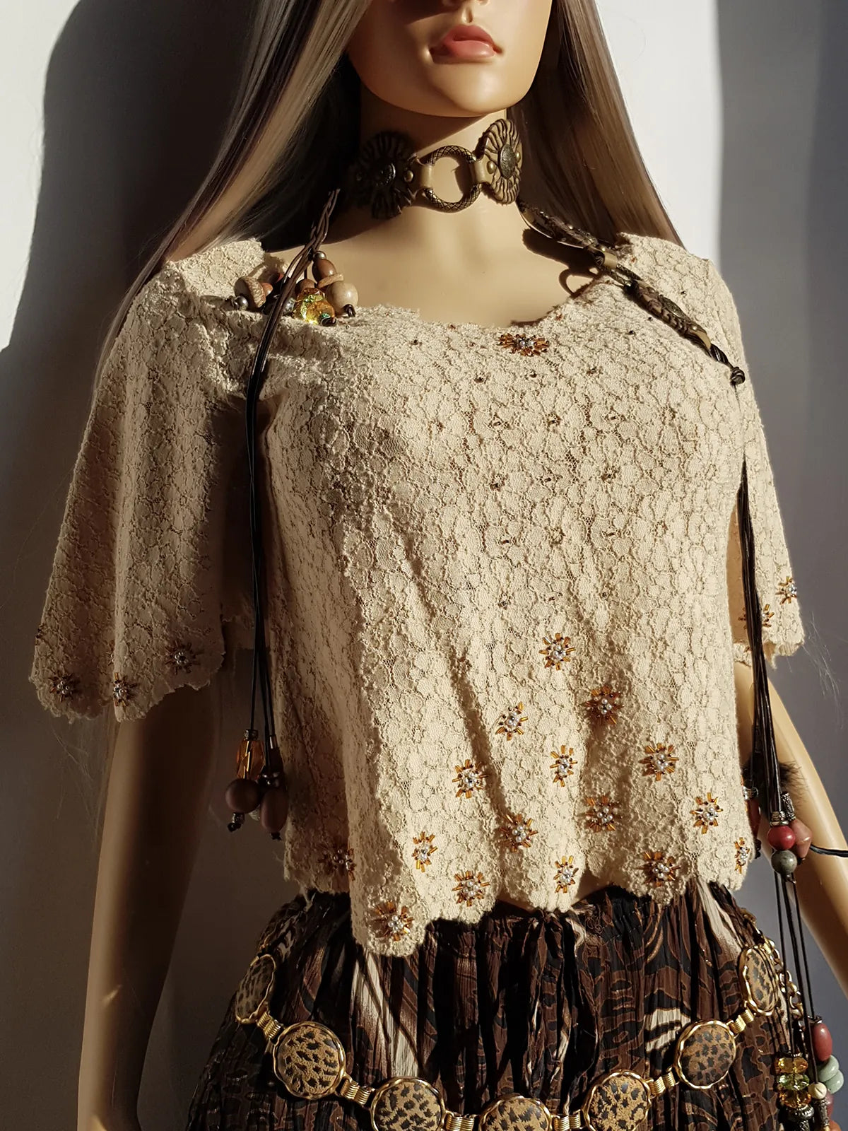 Incredible Delicate Vintage 1950s Custard Toned - Raw Edged - Scalloped Lace Hand Beaded top