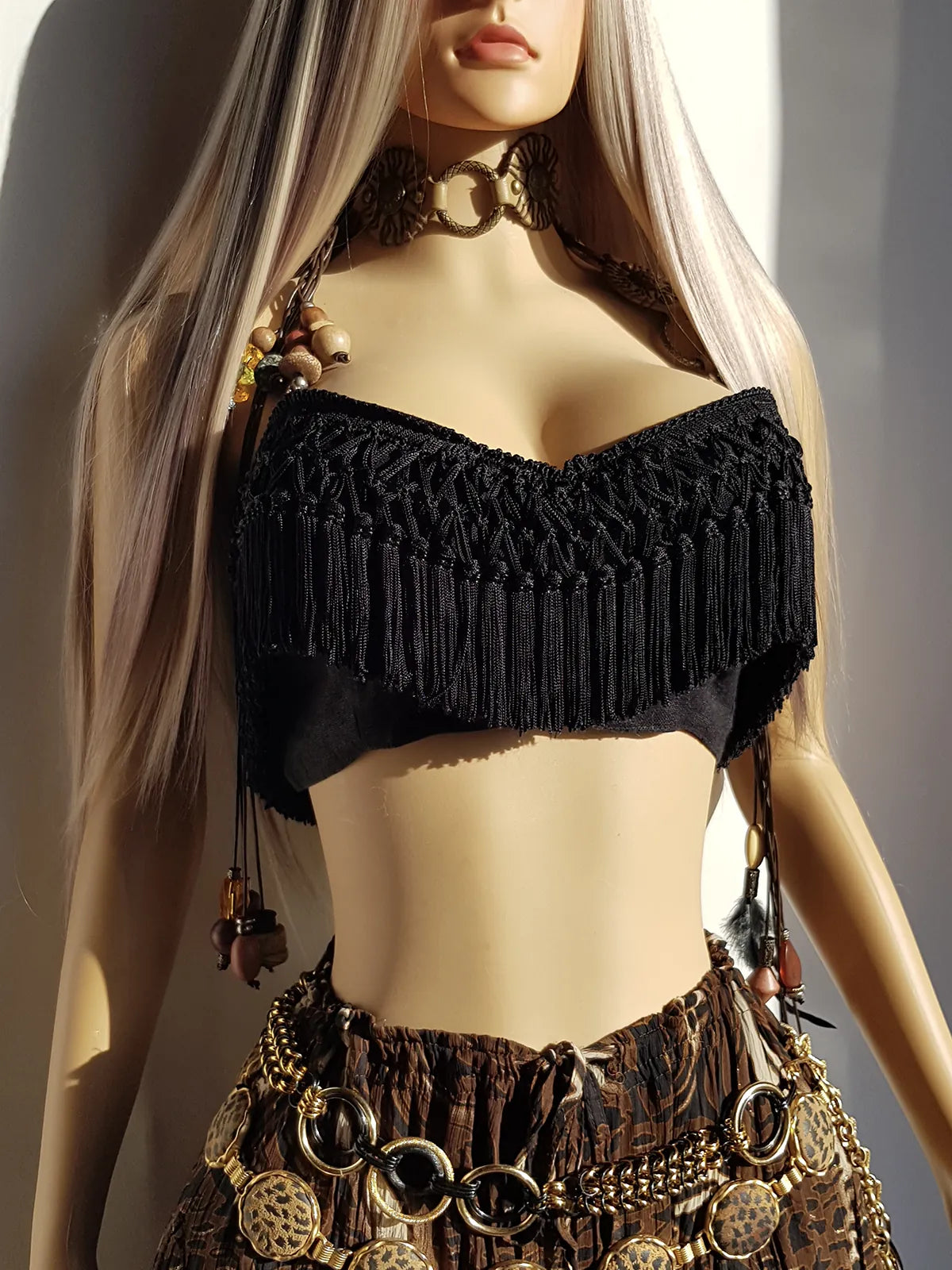 Wild Shimmy Shake Vintage Hand Made Woven Tassel Top in Black Linen - Incredible Tailoring & Boning - Luxury Quality - Perfect Party Top with so much movement