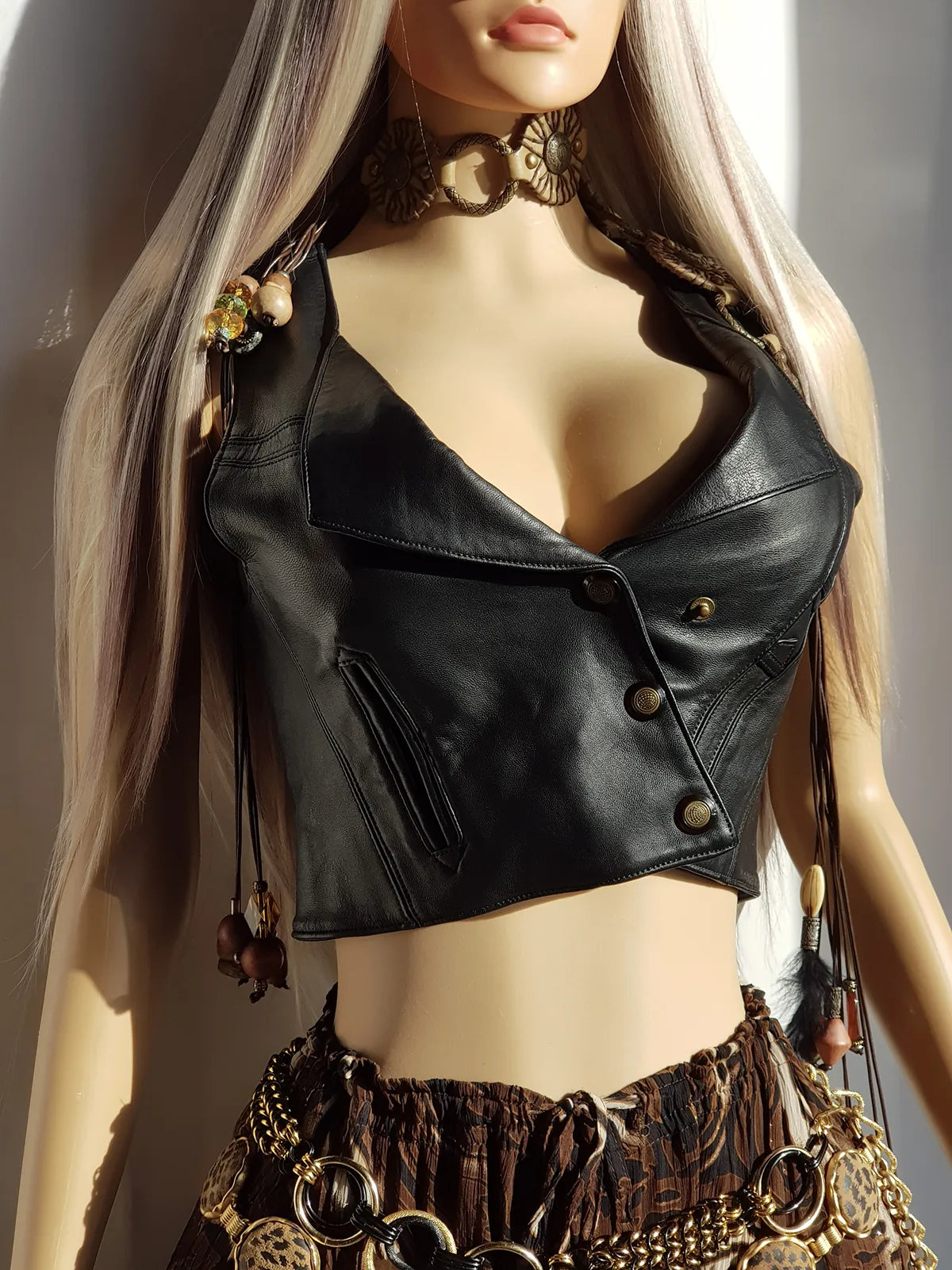 Vintage Bad Bitch Rockstar Girlfriend Leather Wrap Crop Vest -Beautifully Tailored Black with Pop Buttons - Deep V-neck and Turned Over Collar