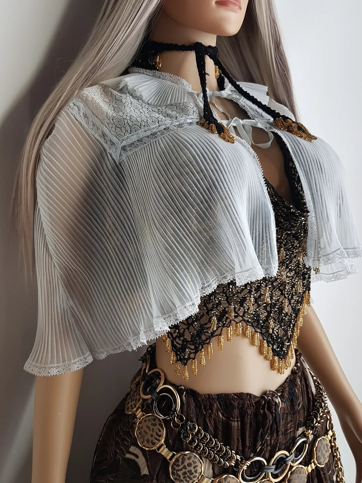 Ethereal 1950s Finely Pleated Cape in Soft Baby Blue & White - Very Faint Tie Dye Effect - Lace & Ribbon