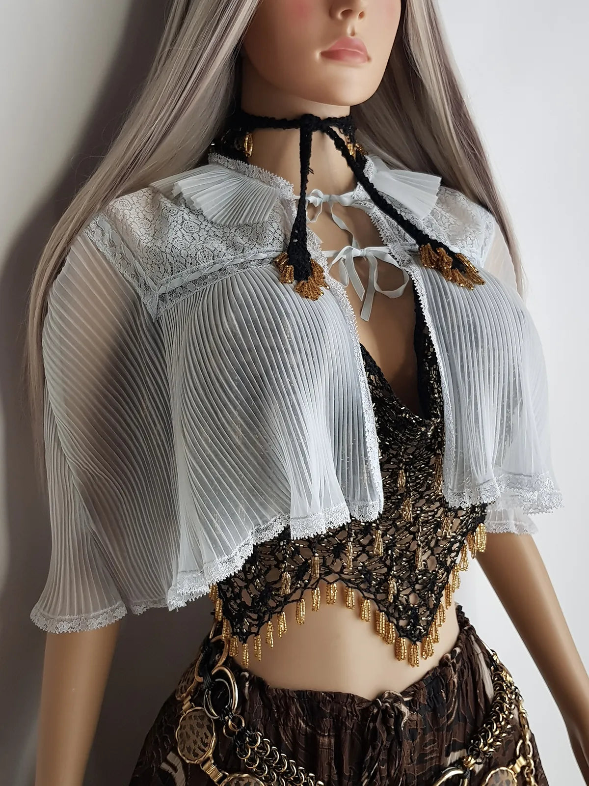 Ethereal 1950s Finely Pleated Cape in Soft Baby Blue & White - Very Faint Tie Dye Effect - Lace & Ribbon