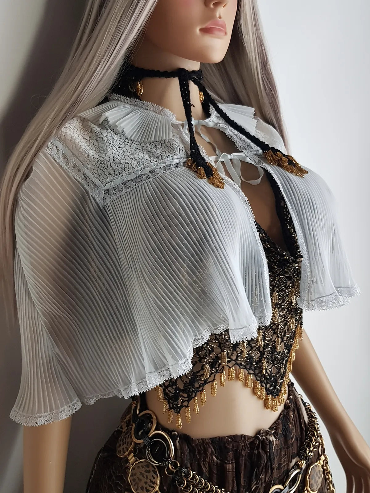 Ethereal 1950s Finely Pleated Cape in Soft Baby Blue & White - Very Faint Tie Dye Effect - Lace & Ribbon