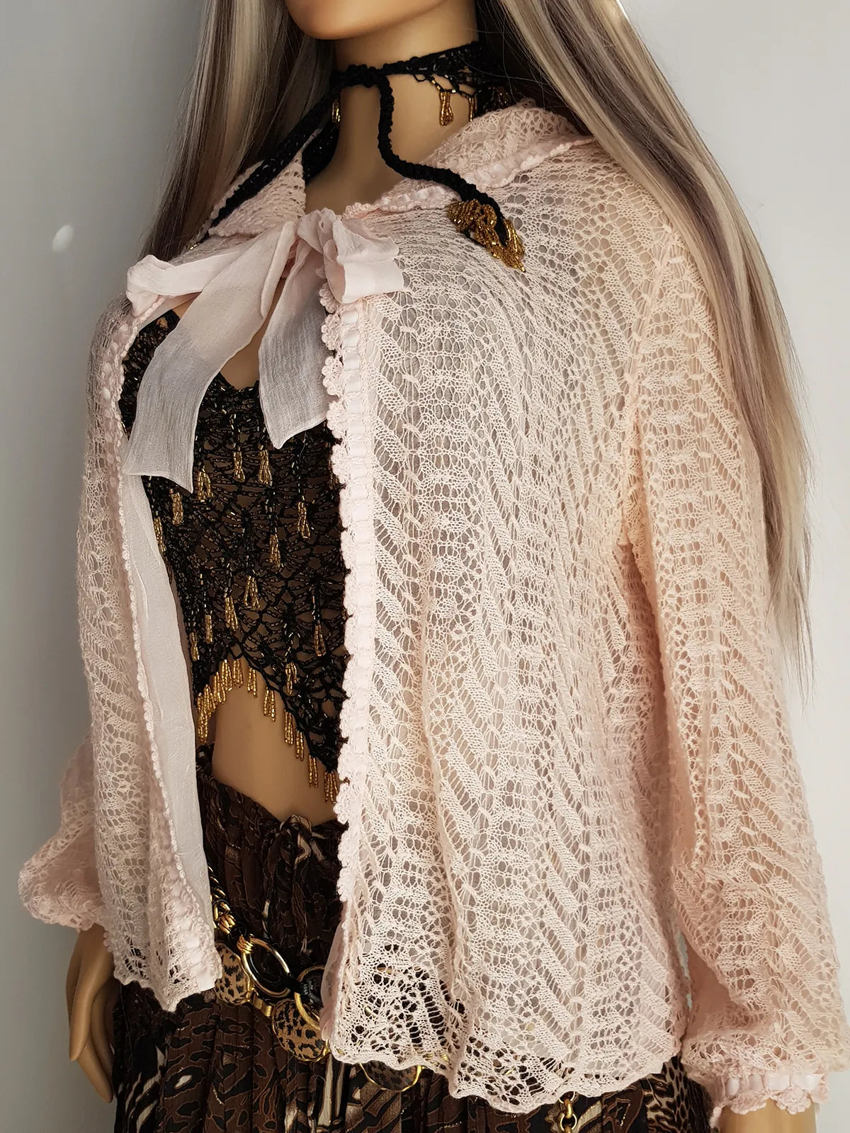 Ethereal 1950s Coquette Pure Silk & Softest Baby Pink Knit Jacket with Bow Tie Collar - Puff Sleeves with ribbons