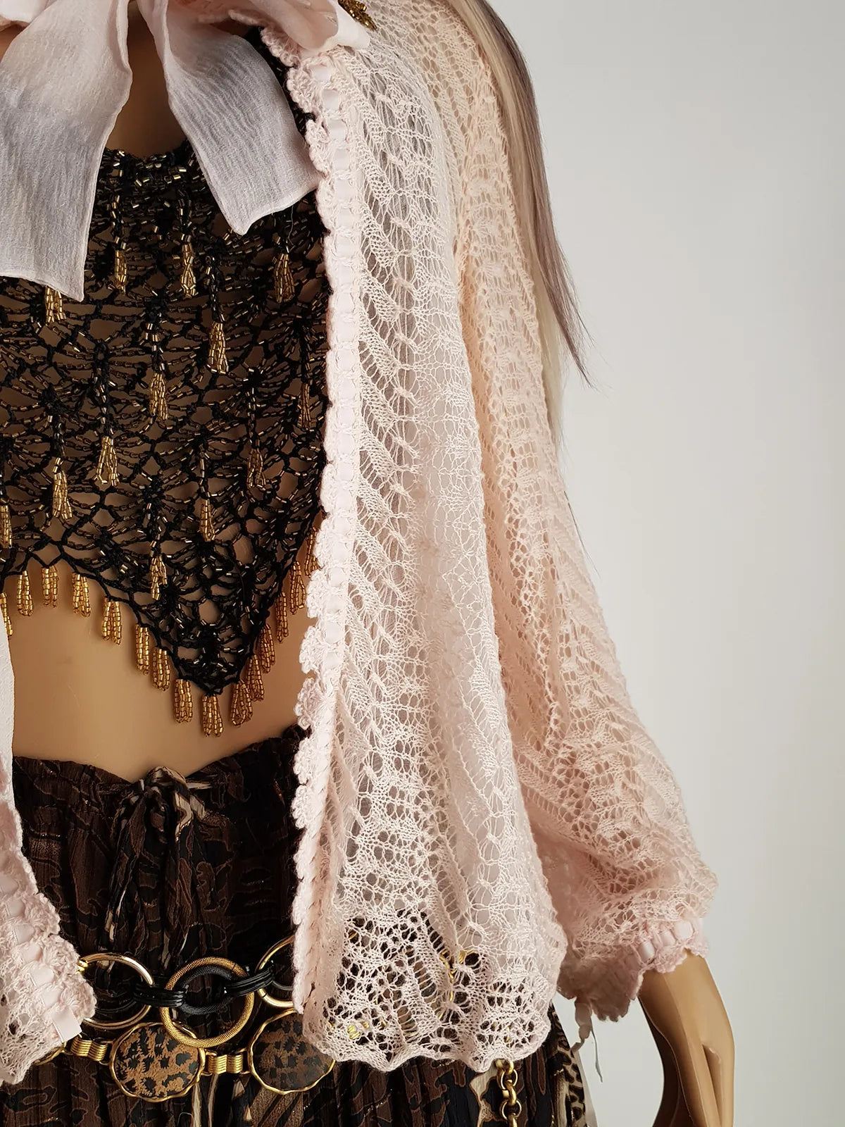 Ethereal 1950s Coquette Pure Silk & Softest Baby Pink Knit Jacket with Bow Tie Collar - Puff Sleeves with ribbons