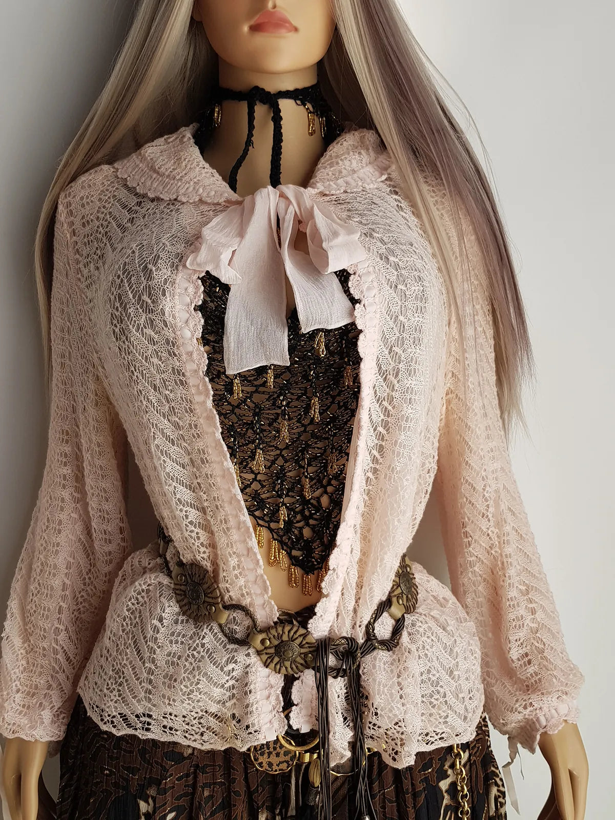 Ethereal 1950s Coquette Pure Silk & Softest Baby Pink Knit Jacket with Bow Tie Collar - Puff Sleeves with ribbons