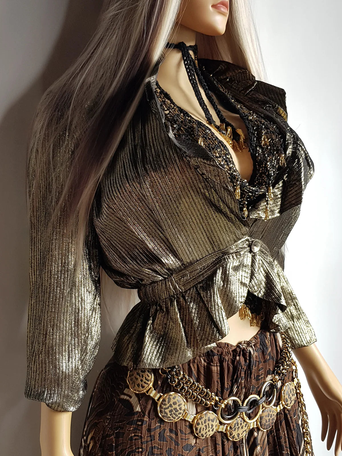 Gold Metallic Vintage Rockstar Bohemian Jacket - Ruffles & Gorgeous Open Bust - Nipped In Waist - Button Closure