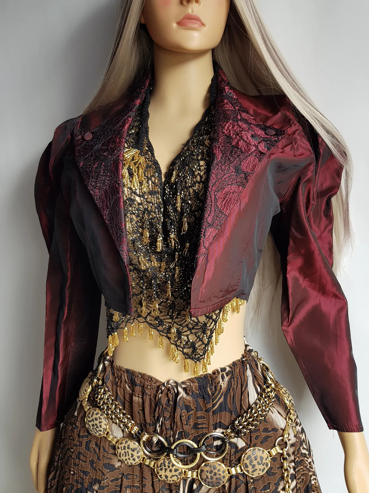 Gothic Romantic Lace Tuxedo Style Jacket - Bordeaux Tones with Black Lace Overlay - Sculptural Shoulders and Slim Waist - Crisp Taffeta and Absolutely Gorgeous Cropped Tailoring