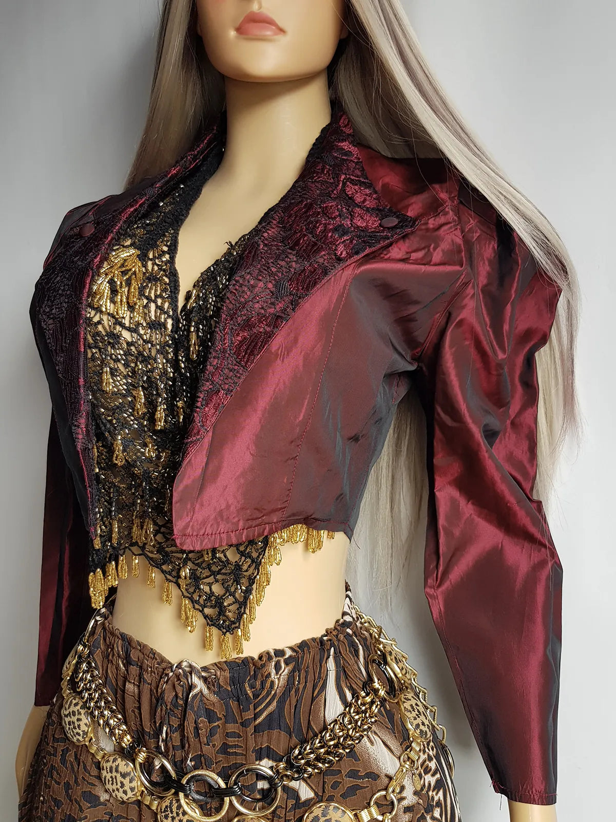 Gothic Romantic Lace Tuxedo Style Jacket - Bordeaux Tones with Black Lace Overlay - Sculptural Shoulders and Slim Waist - Crisp Taffeta and Absolutely Gorgeous Cropped Tailoring