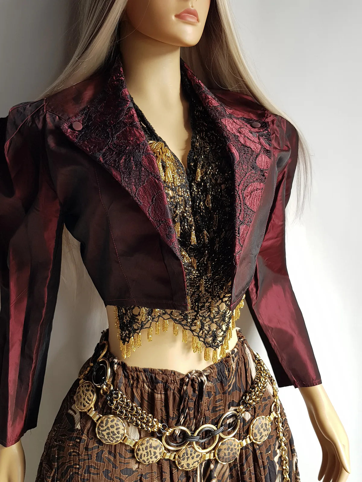 Gothic Romantic Lace Tuxedo Style Jacket - Bordeaux Tones with Black Lace Overlay - Sculptural Shoulders and Slim Waist - Crisp Taffeta and Absolutely Gorgeous Cropped Tailoring