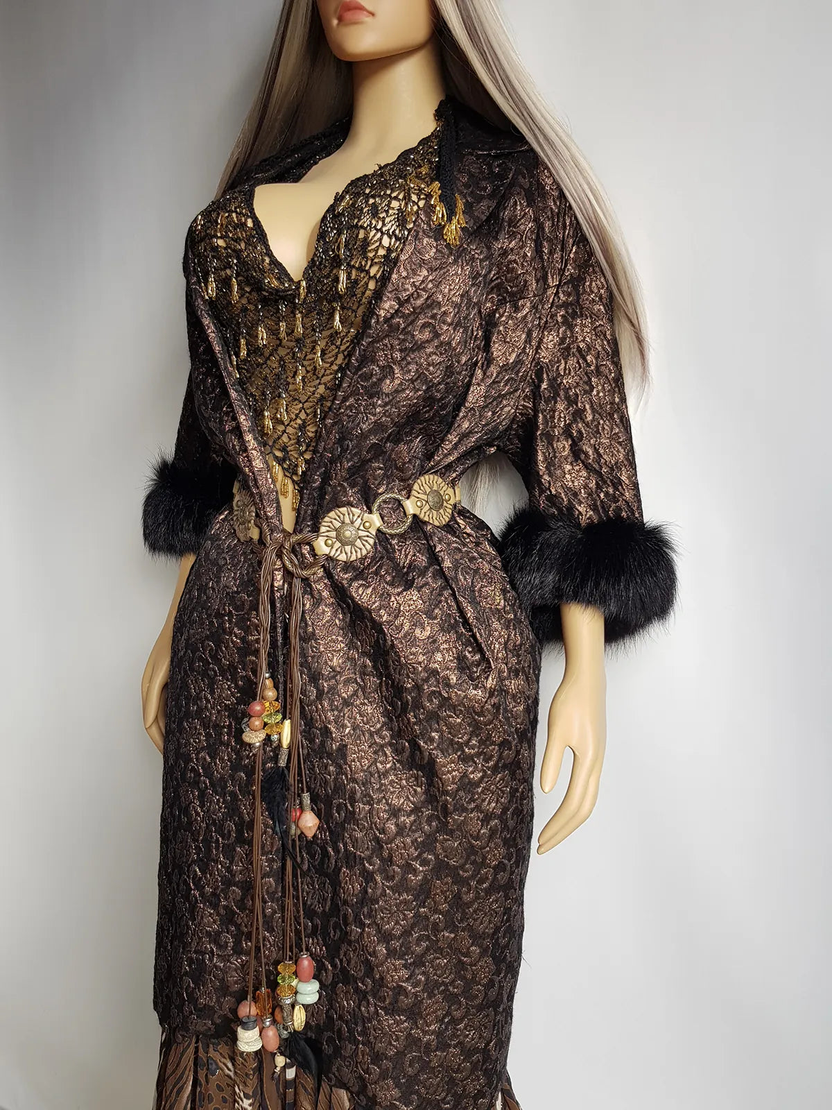 1950s Vintage Bronze Evening Coat with Fur Sleeves - Floral Metallic Print - Immaculate Tailoring - Fully Lined