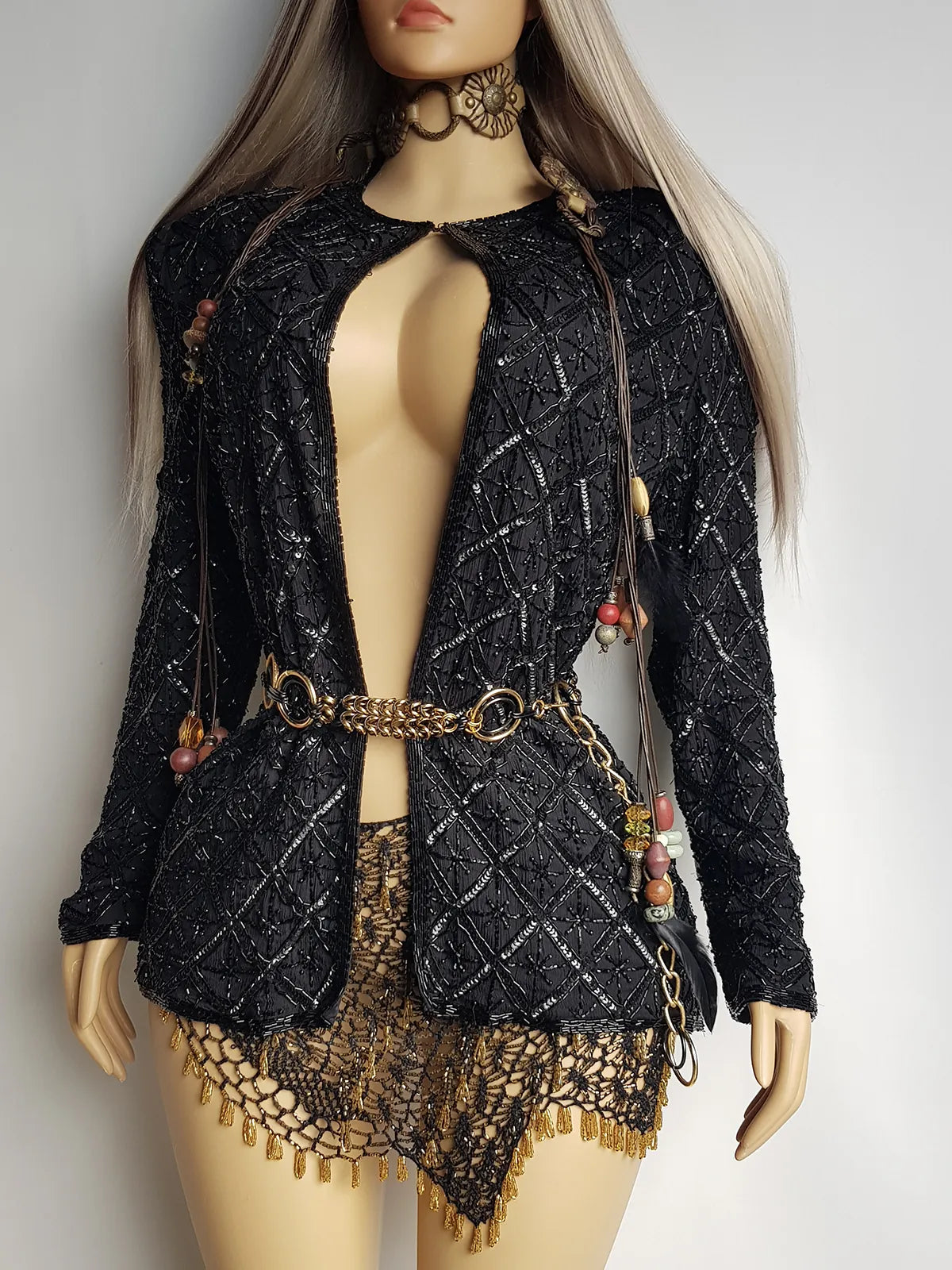 Vintage Silk Spectacular Sparkling Diamond Pattern Heavily Beaded Jacket in Black - Immaculate - Hand Beaded - Bridal Quality