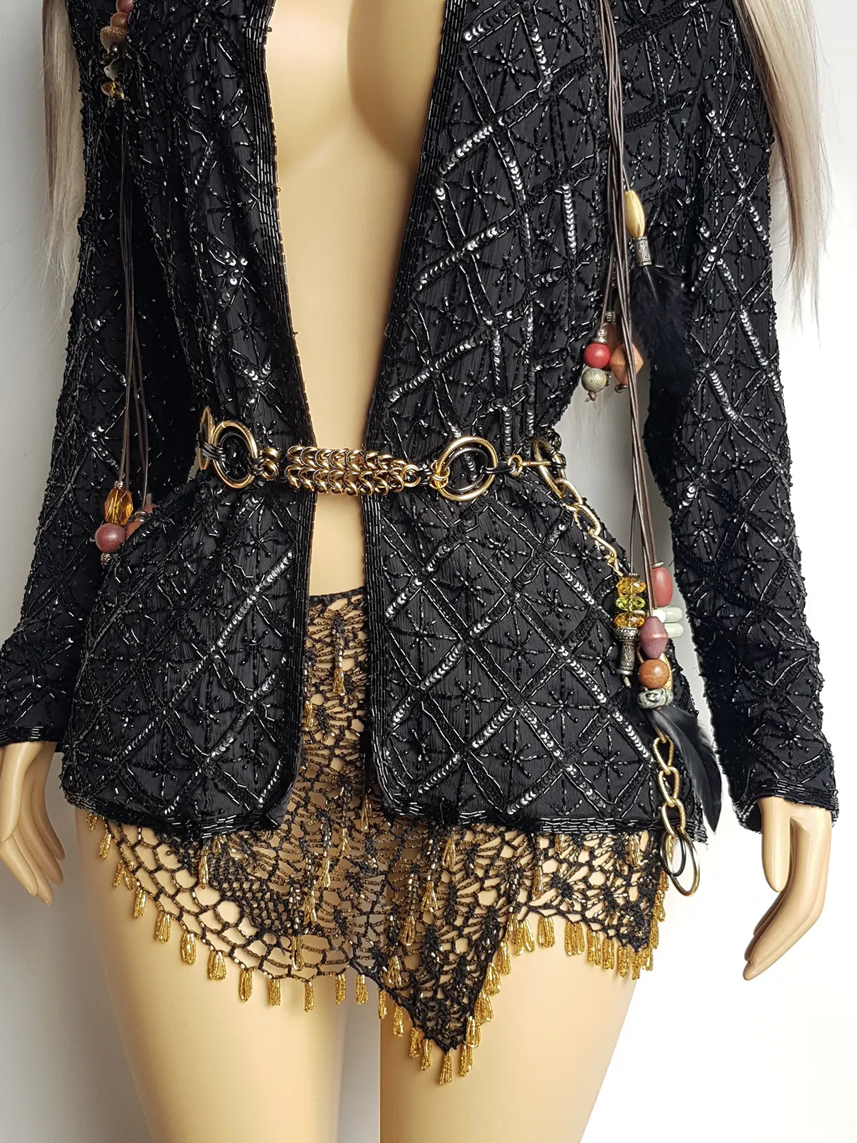 Vintage Silk Spectacular Sparkling Diamond Pattern Heavily Beaded Jacket in Black - Immaculate - Hand Beaded - Bridal Quality
