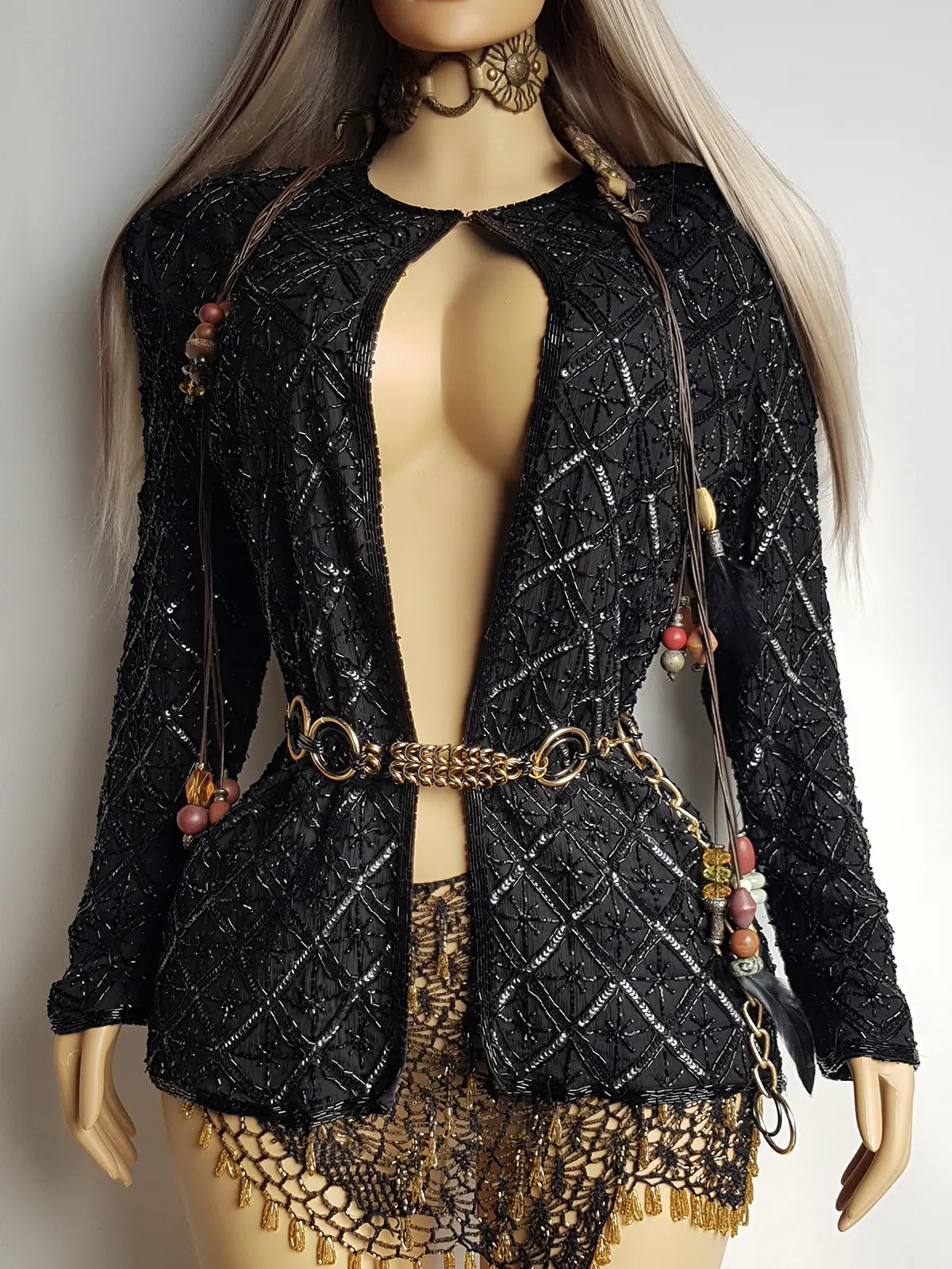 Vintage Silk Spectacular Sparkling Diamond Pattern Heavily Beaded Jacket in Black - Immaculate - Hand Beaded - Bridal Quality