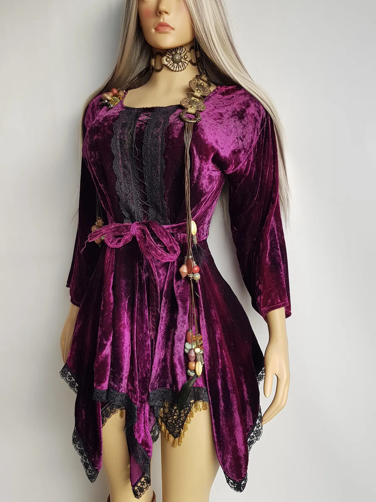 Vintage Rich Purple Velvet & Lace Fairy Dress / Top with Ornate Lace Paneling & Asymmetrical Handkerchief Skirt