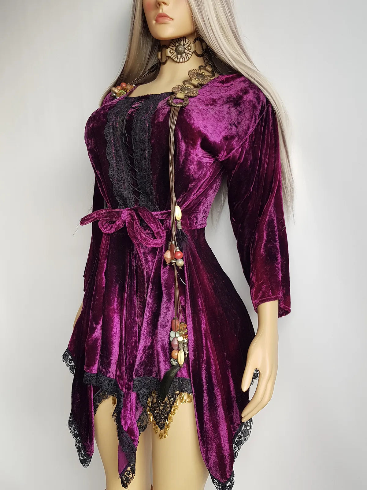 Vintage Rich Purple Velvet & Lace Fairy Dress / Top with Ornate Lace Paneling & Asymmetrical Handkerchief Skirt