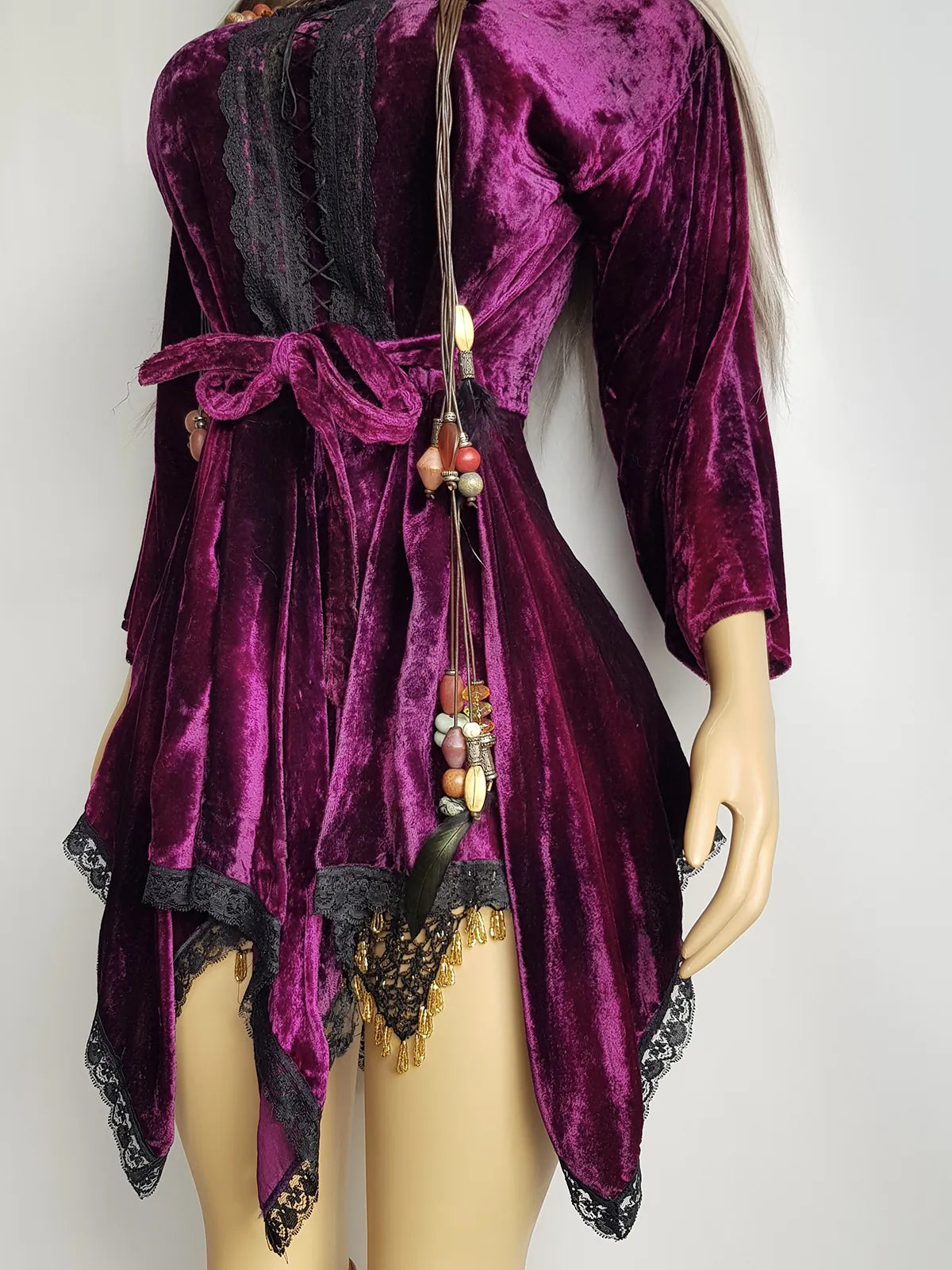 Vintage Rich Purple Velvet & Lace Fairy Dress / Top with Ornate Lace Paneling & Asymmetrical Handkerchief Skirt