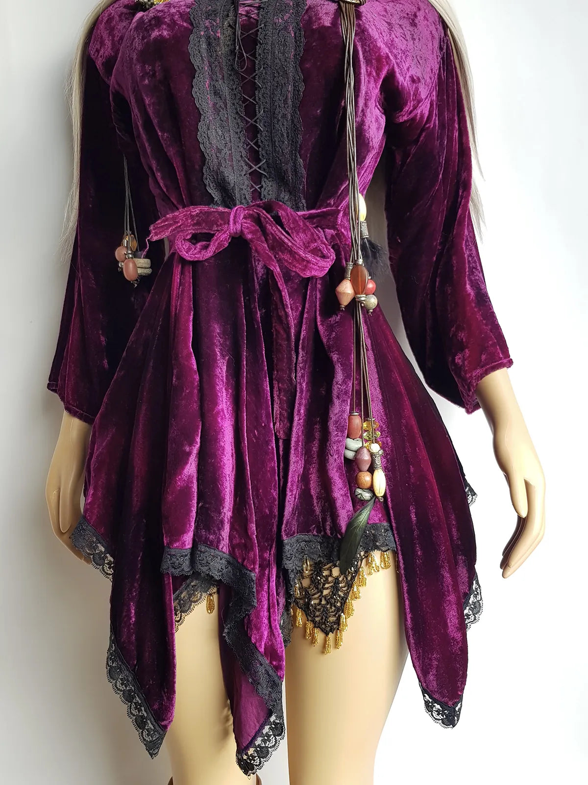 Vintage Rich Purple Velvet & Lace Fairy Dress / Top with Ornate Lace Paneling & Asymmetrical Handkerchief Skirt
