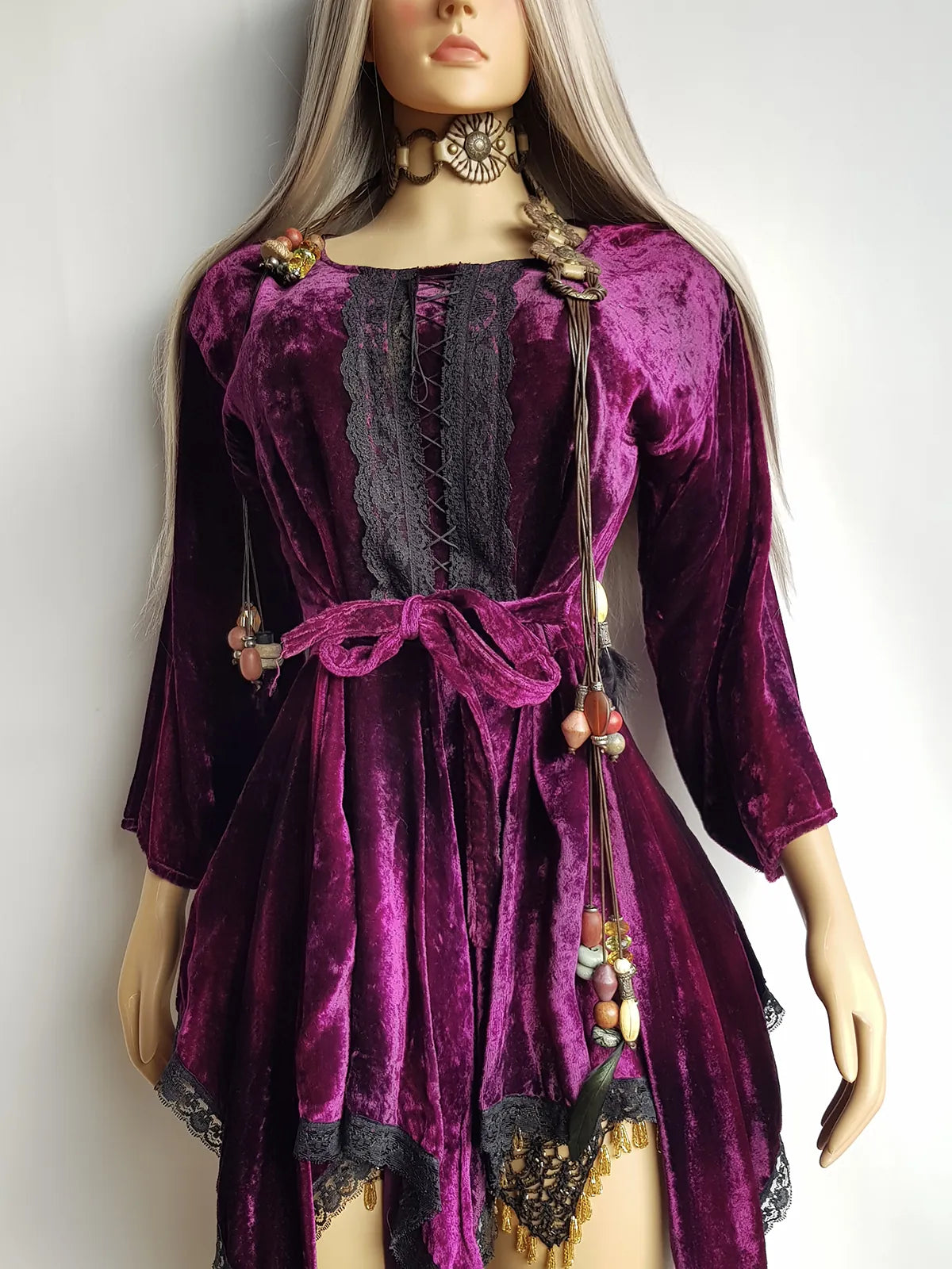 Vintage Rich Purple Velvet & Lace Fairy Dress / Top with Ornate Lace Paneling & Asymmetrical Handkerchief Skirt