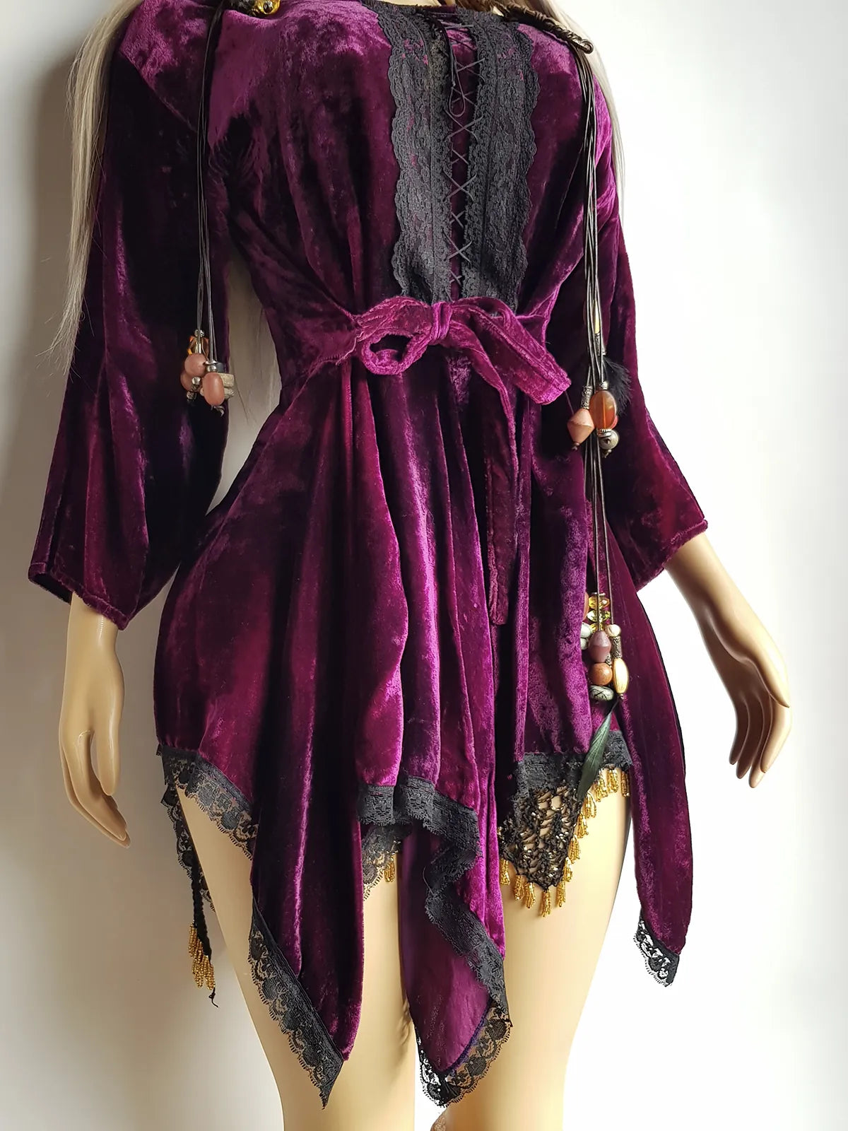 Vintage Rich Purple Velvet & Lace Fairy Dress / Top with Ornate Lace Paneling & Asymmetrical Handkerchief Skirt