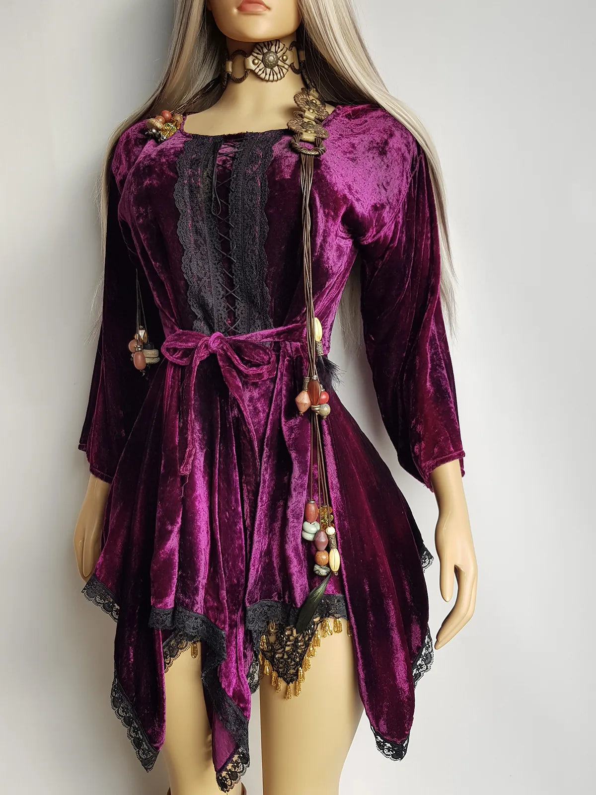 Vintage Rich Purple Velvet & Lace Fairy Dress / Top with Ornate Lace Paneling & Asymmetrical Handkerchief Skirt