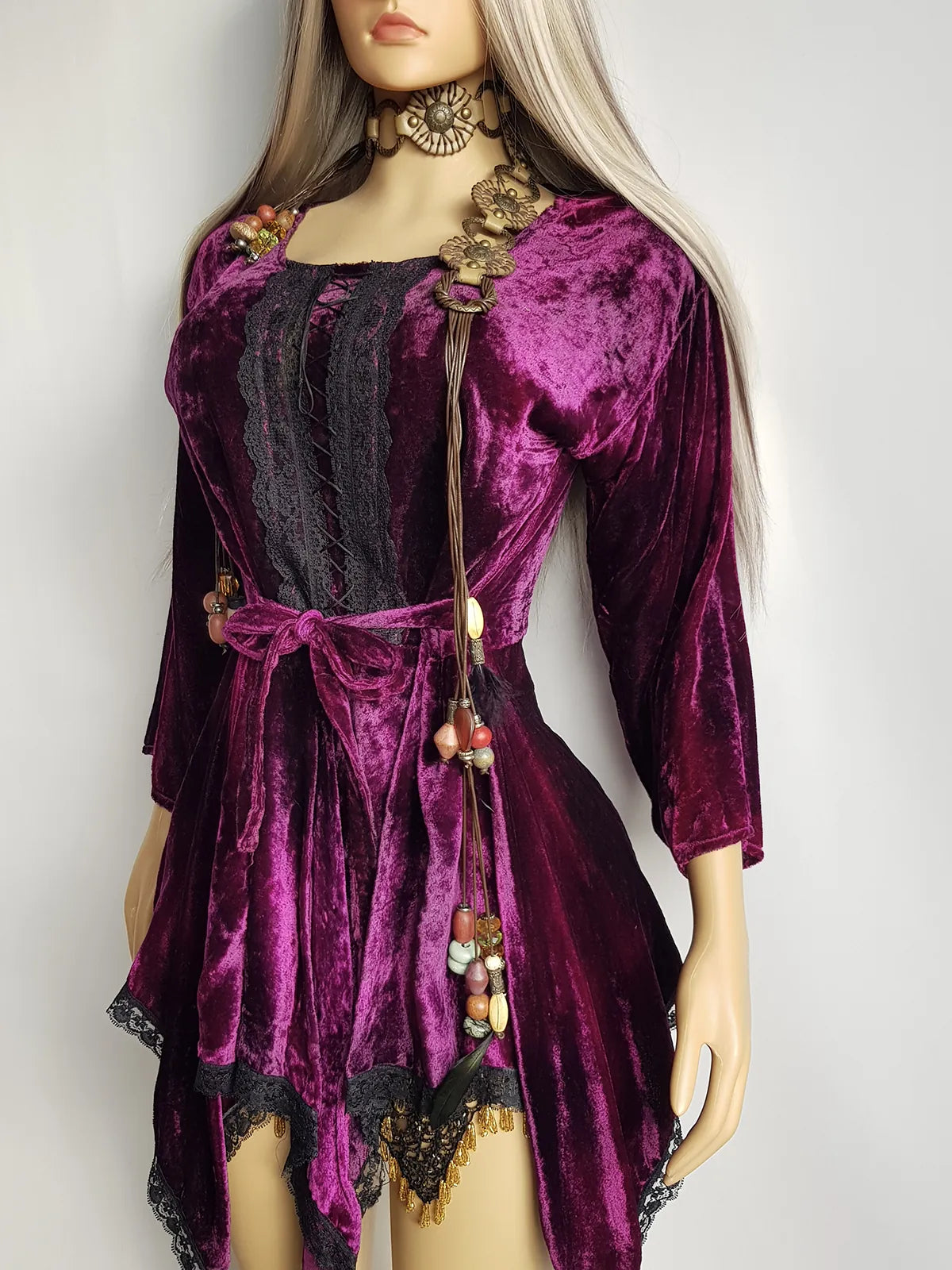 Vintage Rich Purple Velvet & Lace Fairy Dress / Top with Ornate Lace Paneling & Asymmetrical Handkerchief Skirt