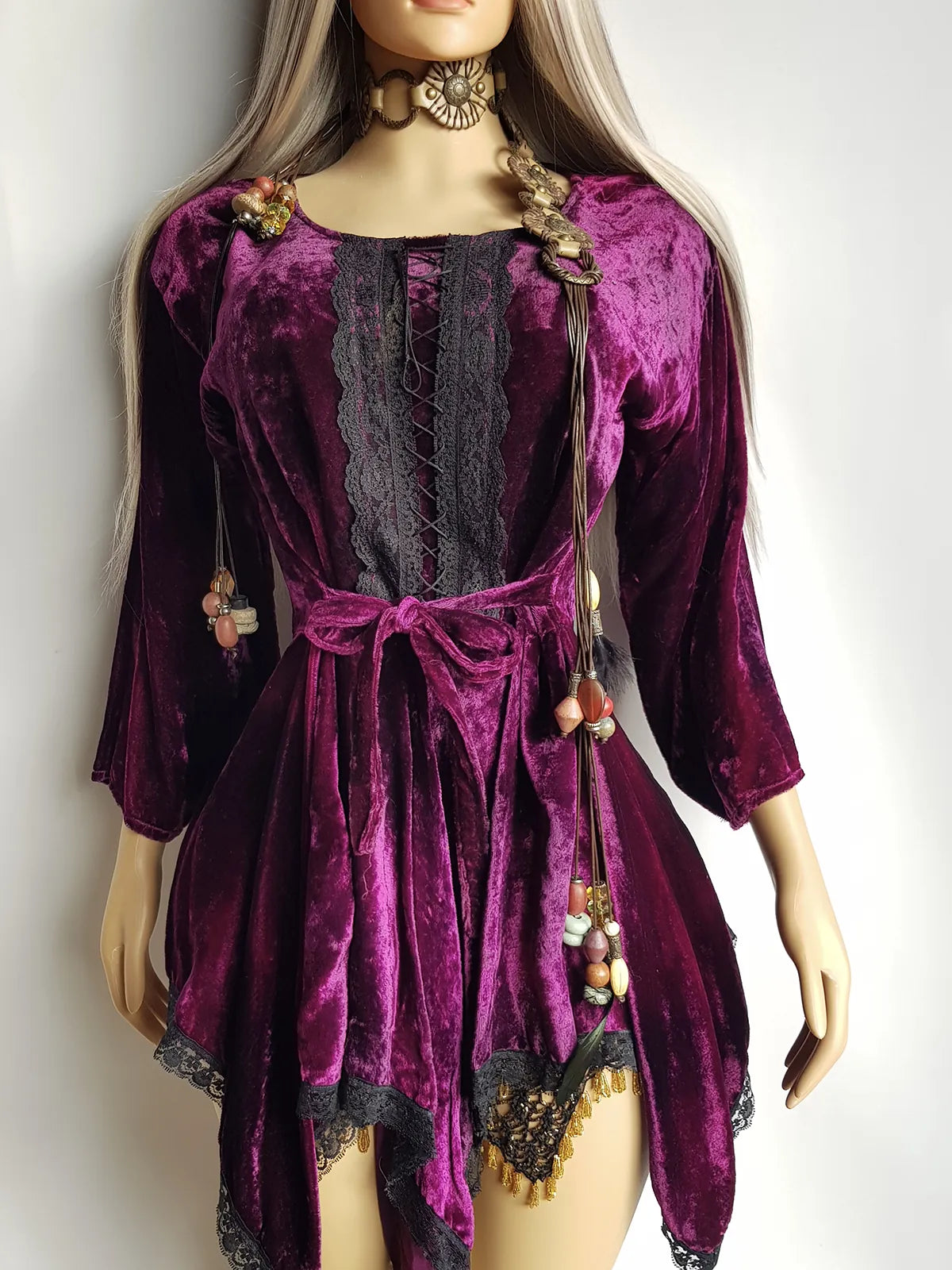 Vintage Rich Purple Velvet & Lace Fairy Dress / Top with Ornate Lace Paneling & Asymmetrical Handkerchief Skirt