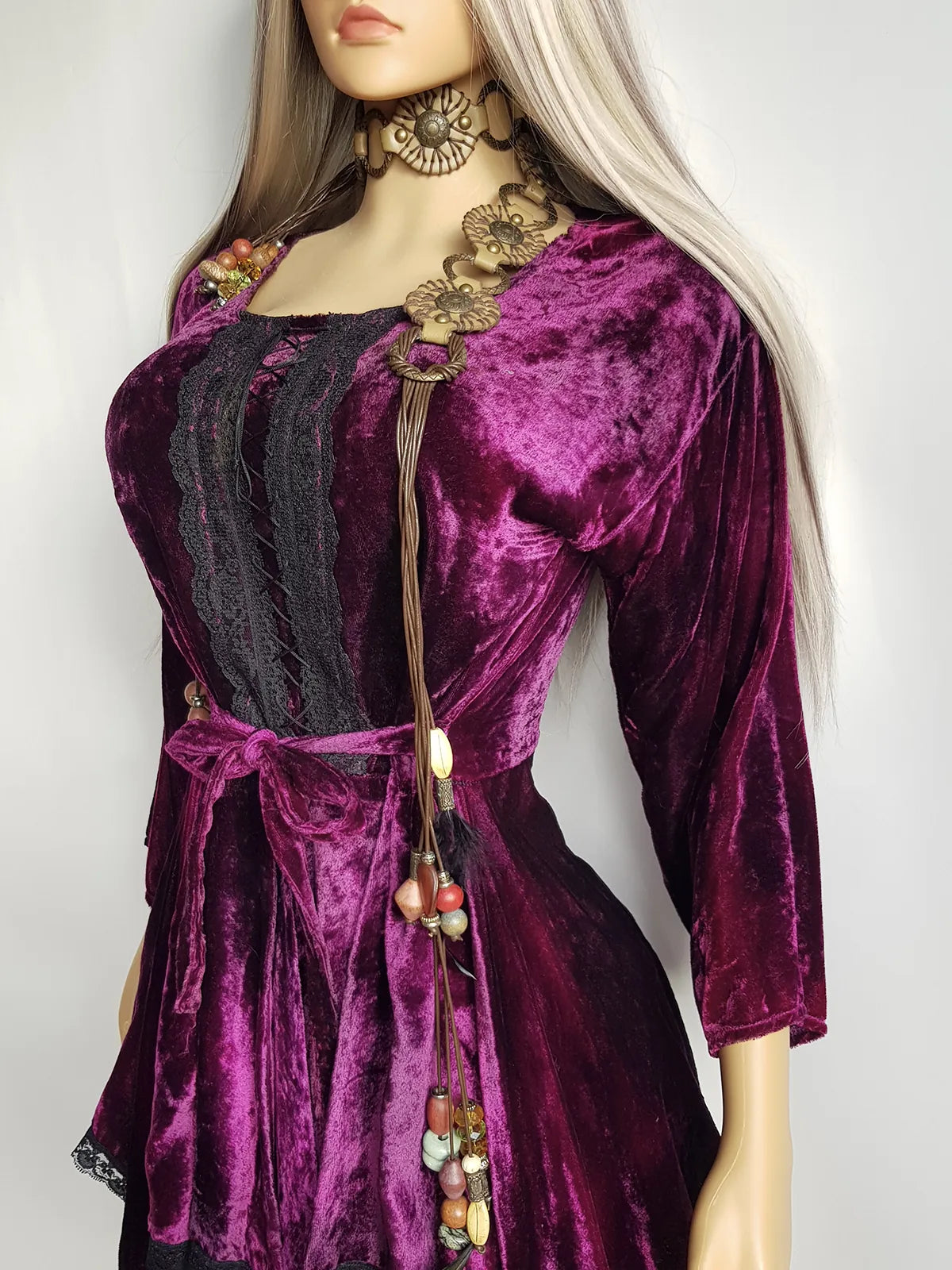 Vintage Rich Purple Velvet & Lace Fairy Dress / Top with Ornate Lace Paneling & Asymmetrical Handkerchief Skirt