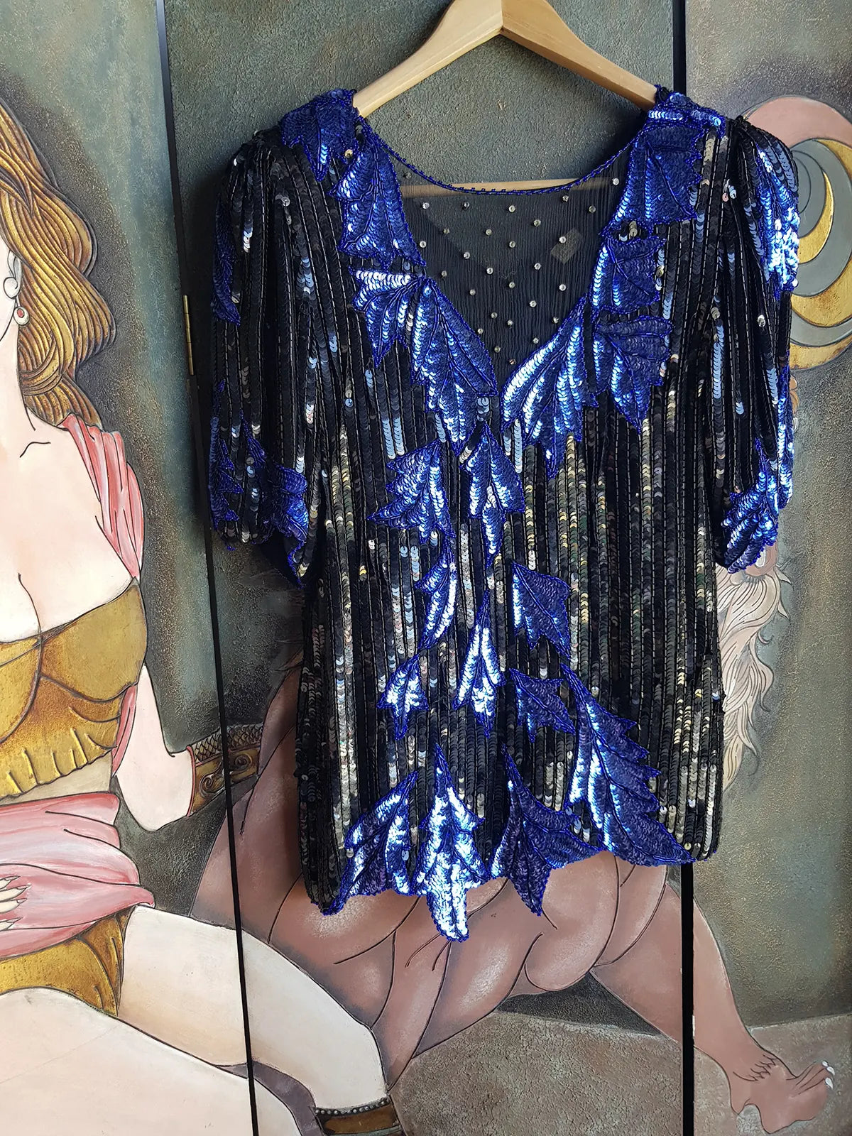 Wild Vintage 100% Crystallized Silk & Sequin -  Asymmetrical Black & Blue - Statement Evening Top
